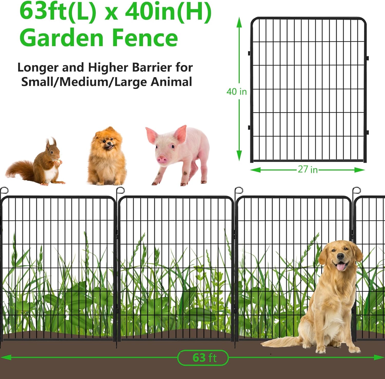 Decorative Garden Fence Metal Fence Panels No Dig Animal Barrier Fence with Gate, 40in(h) x 63ft(l) Garden Edging Fence Rustproof Fencing Garden Fences and Borders