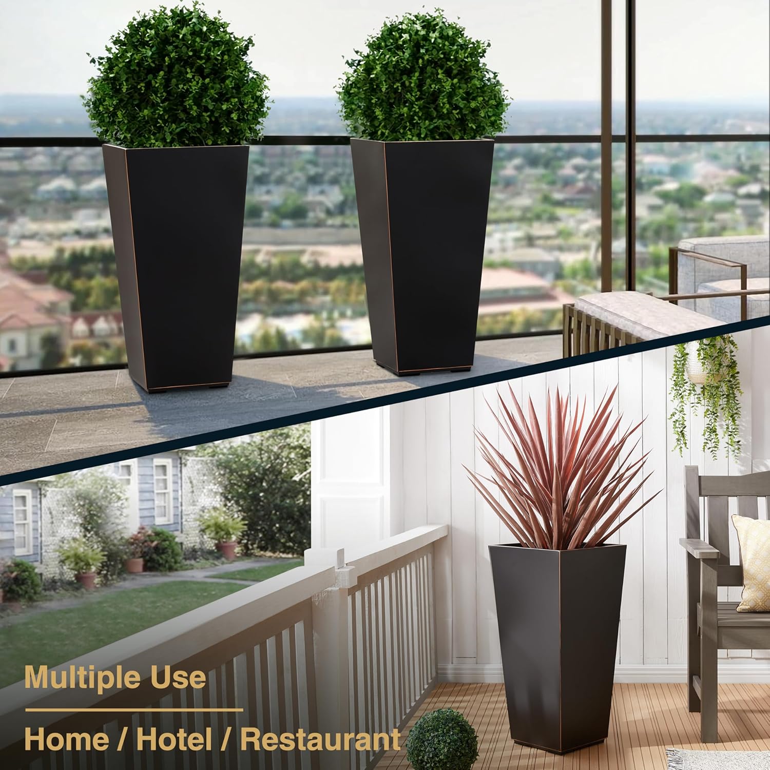 Metallic Taper Planter, 26 Inch Planter Tall Tapered Planter for Front Porch, Patio, Deck, Garden Indoor/Outdoor Tree Planters, Set of 2 Black with Copper Hand Brushed Rim