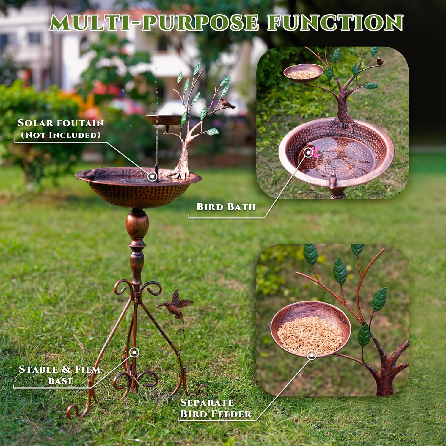 Metal Pedestal Bird Baths Outdoors, Garden Birdbath and Feeder with Tree Decorative, Modern Bird Bath for Outside Yard Art