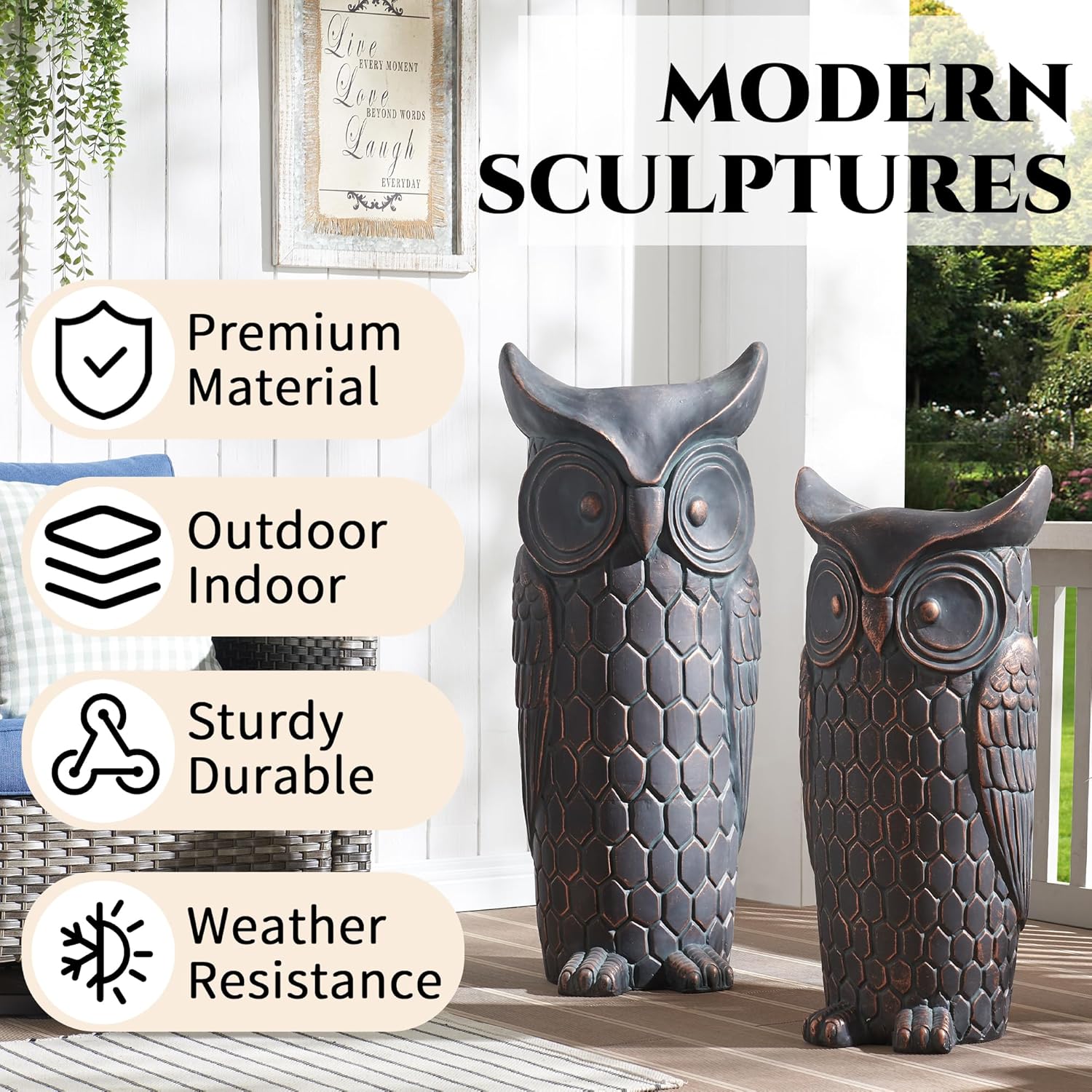 Large Outdoor and Indoor Statue, 40"-32" inches Garden Sculptures & Statues, Faux Stone Owl Sculpture Set of 2, Garden Decoration