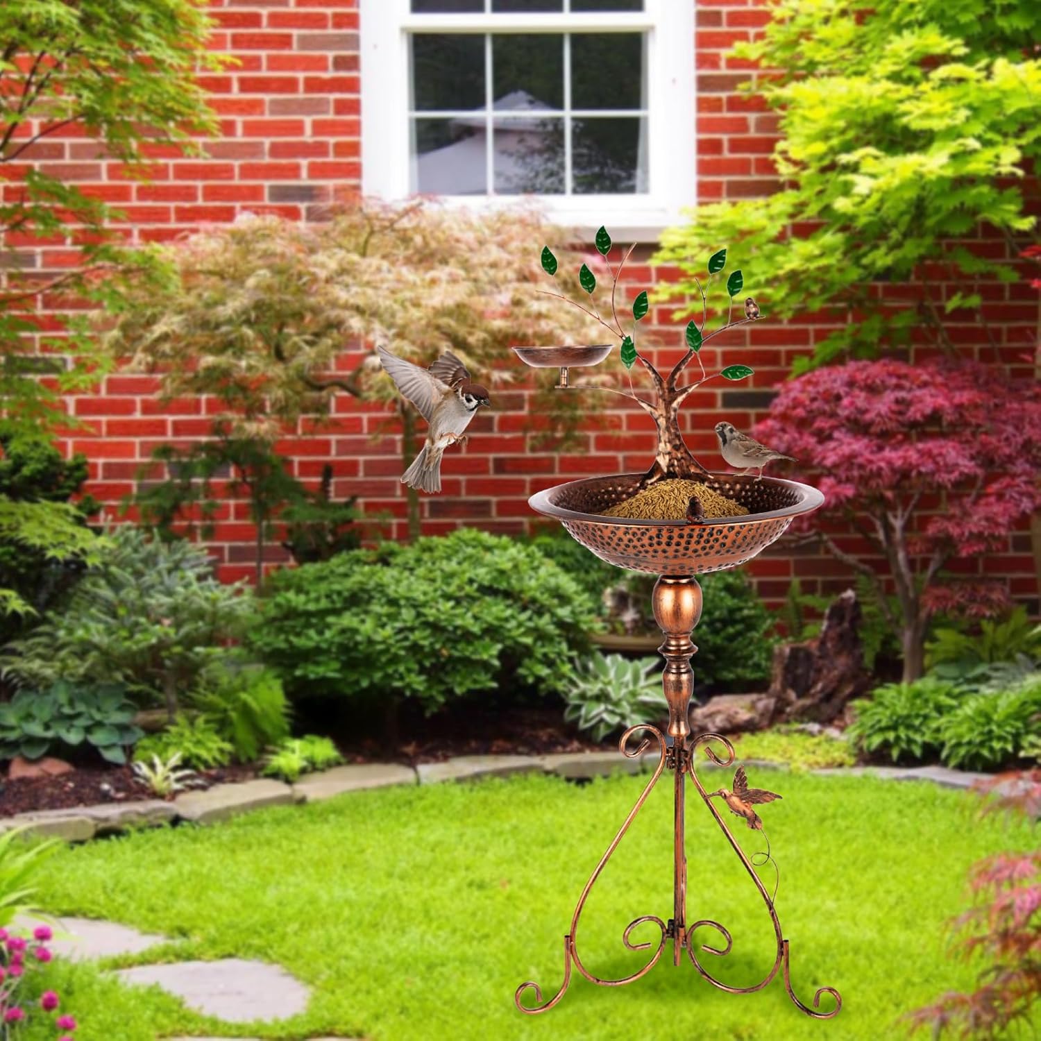 Metal Pedestal Bird Baths Outdoors, Garden Birdbath and Feeder with Tree Decorative, Modern Bird Bath for Outside Yard Art
