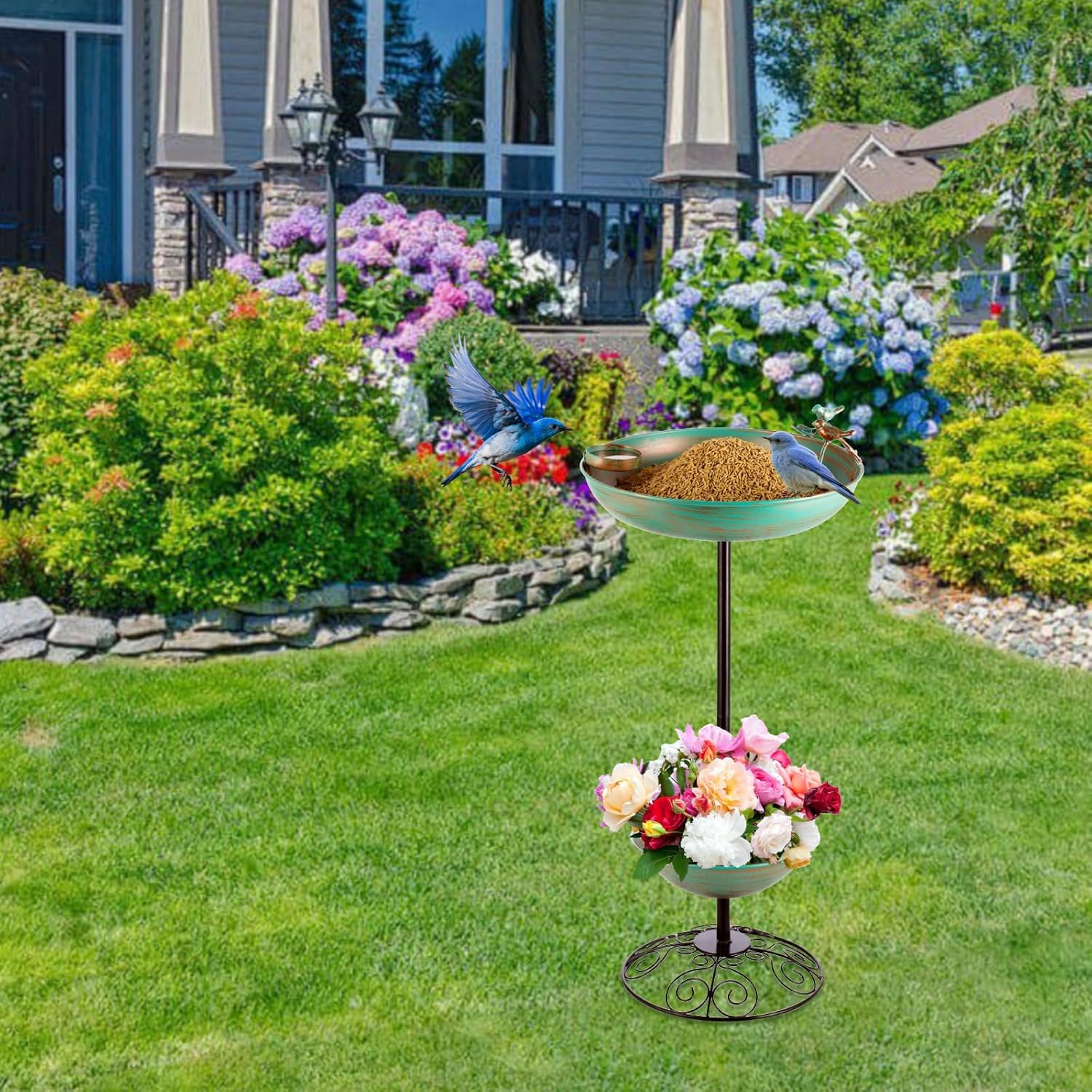 Metal Bird Baths for Outdoors, Pedestal Green Bird Bath with Flower Planter, BirdBaths for Outdoors Garden Yard Patio Decor