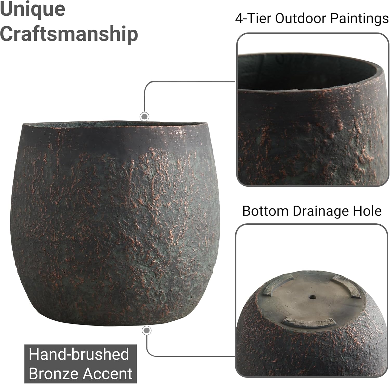 Large Outdoor Planter, 17.7"+13"+9.1" Dia Round Weathered Concrete Planter Set of 3, Flower Pots with Drainage Holes and Sealing Plug for Garden