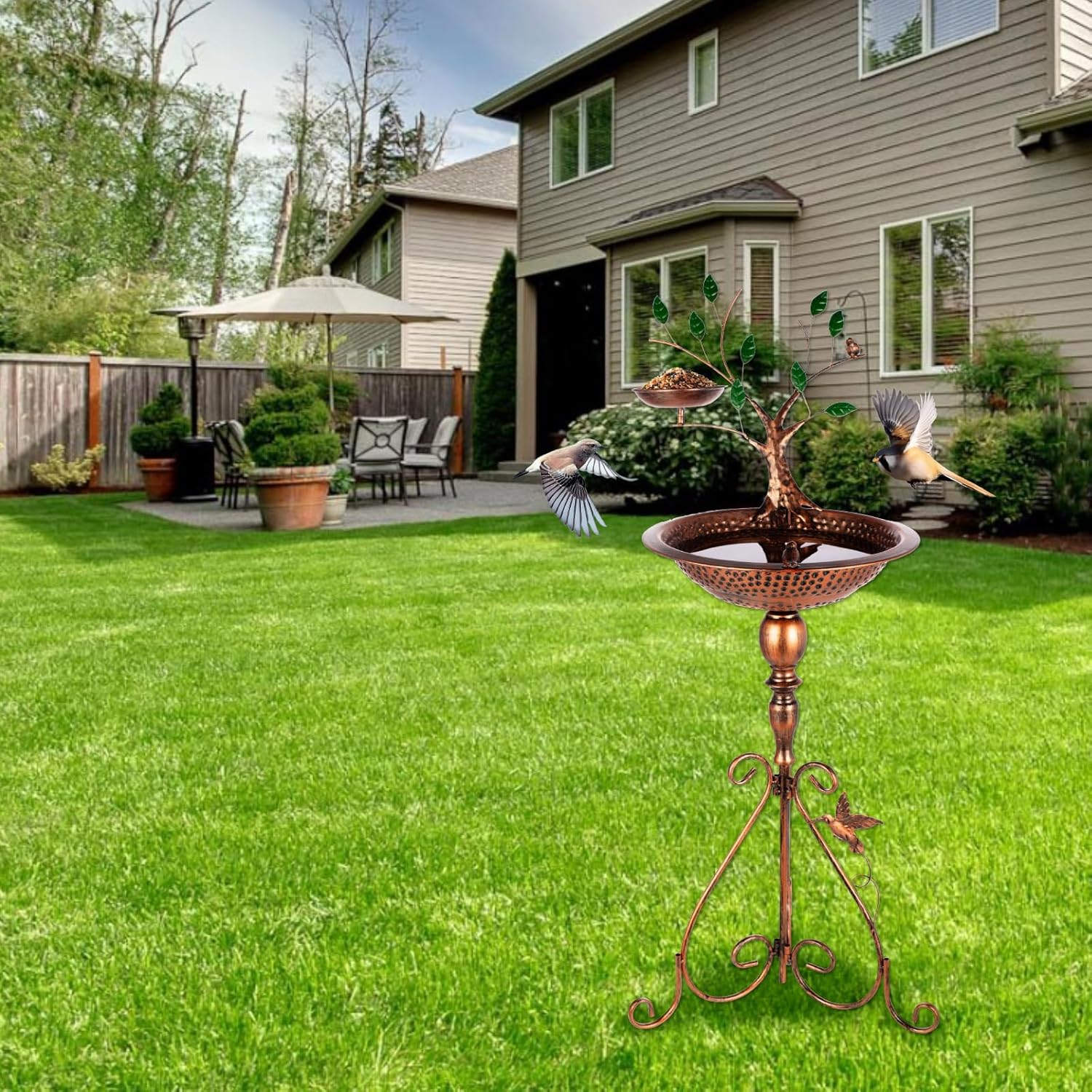 Metal Pedestal Bird Baths Outdoors, Garden Birdbath and Feeder with Tree Decorative, Modern Bird Bath for Outside Yard Art