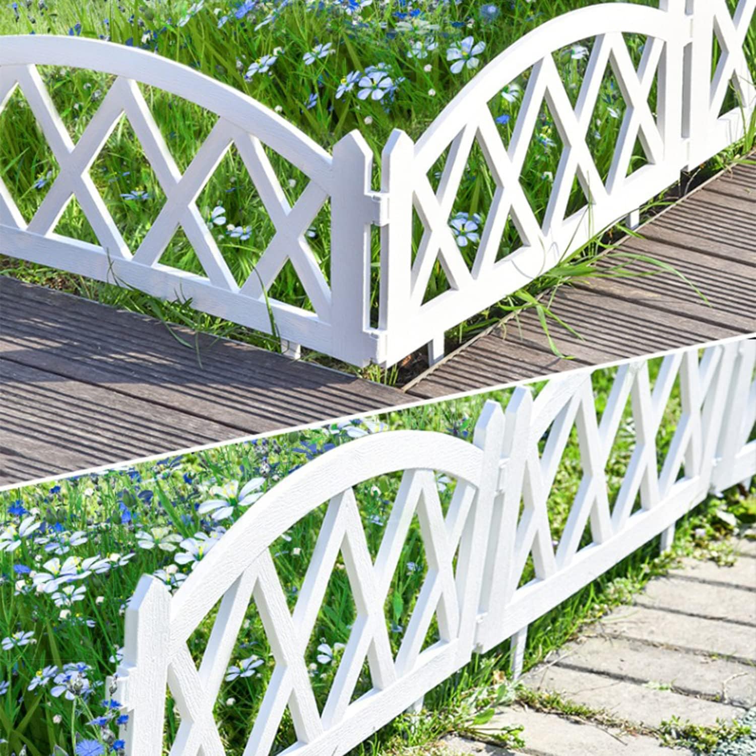 Plastic Garden Picket Fence, Grass Lawn Flower Beds Landscaping Edging Borders, Lightweight Outdoor Path Fence Panels, Pack of 4 (Overall Length 94.5 Inch)