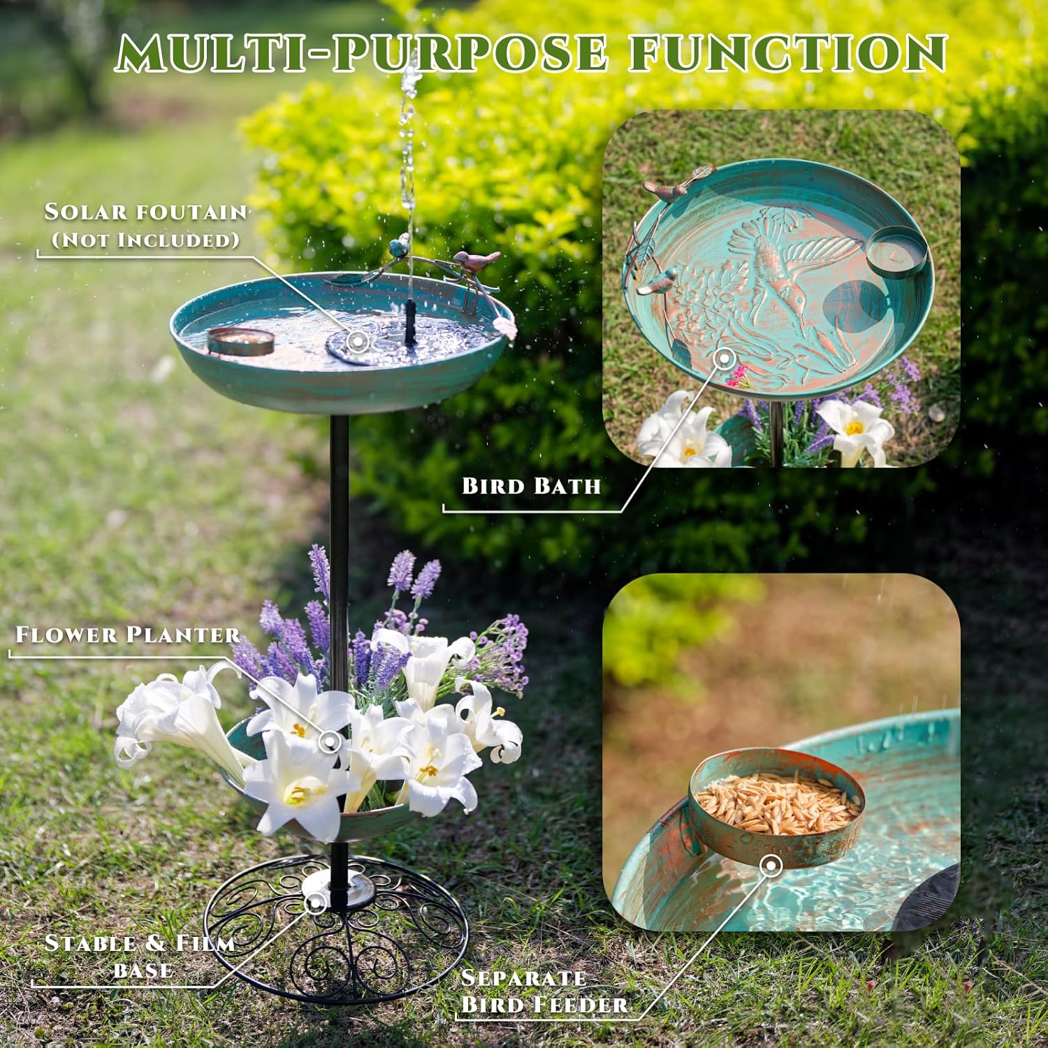 Metal Bird Baths for Outdoors, Pedestal Green Bird Bath with Flower Planter, BirdBaths for Outdoors Garden Yard Patio Decor