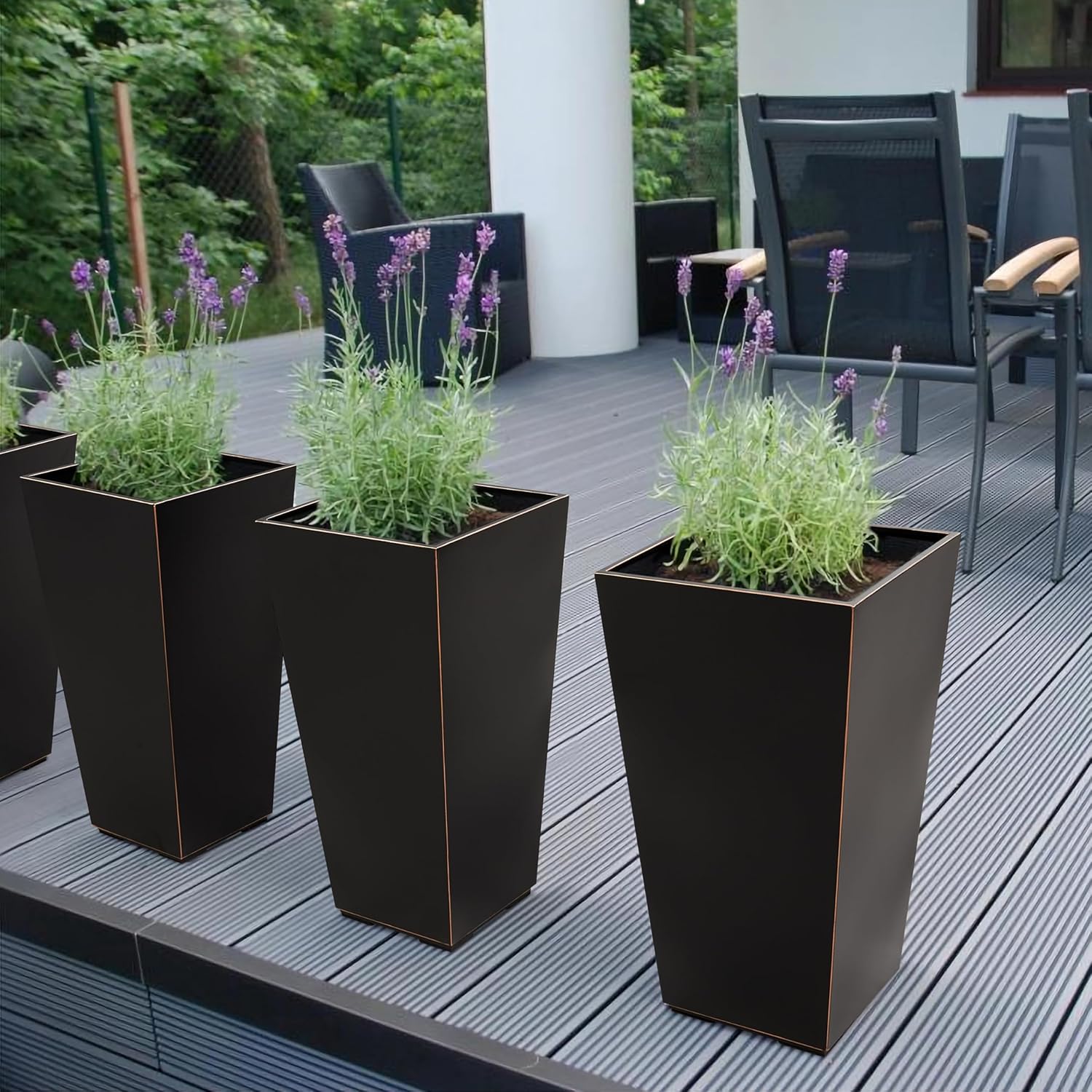 Metallic Taper Planter, 26 Inch Planter Tall Tapered Planter for Front Porch, Patio, Deck, Garden Indoor/Outdoor Tree Planters, Set of 2 Black with Copper Hand Brushed Rim