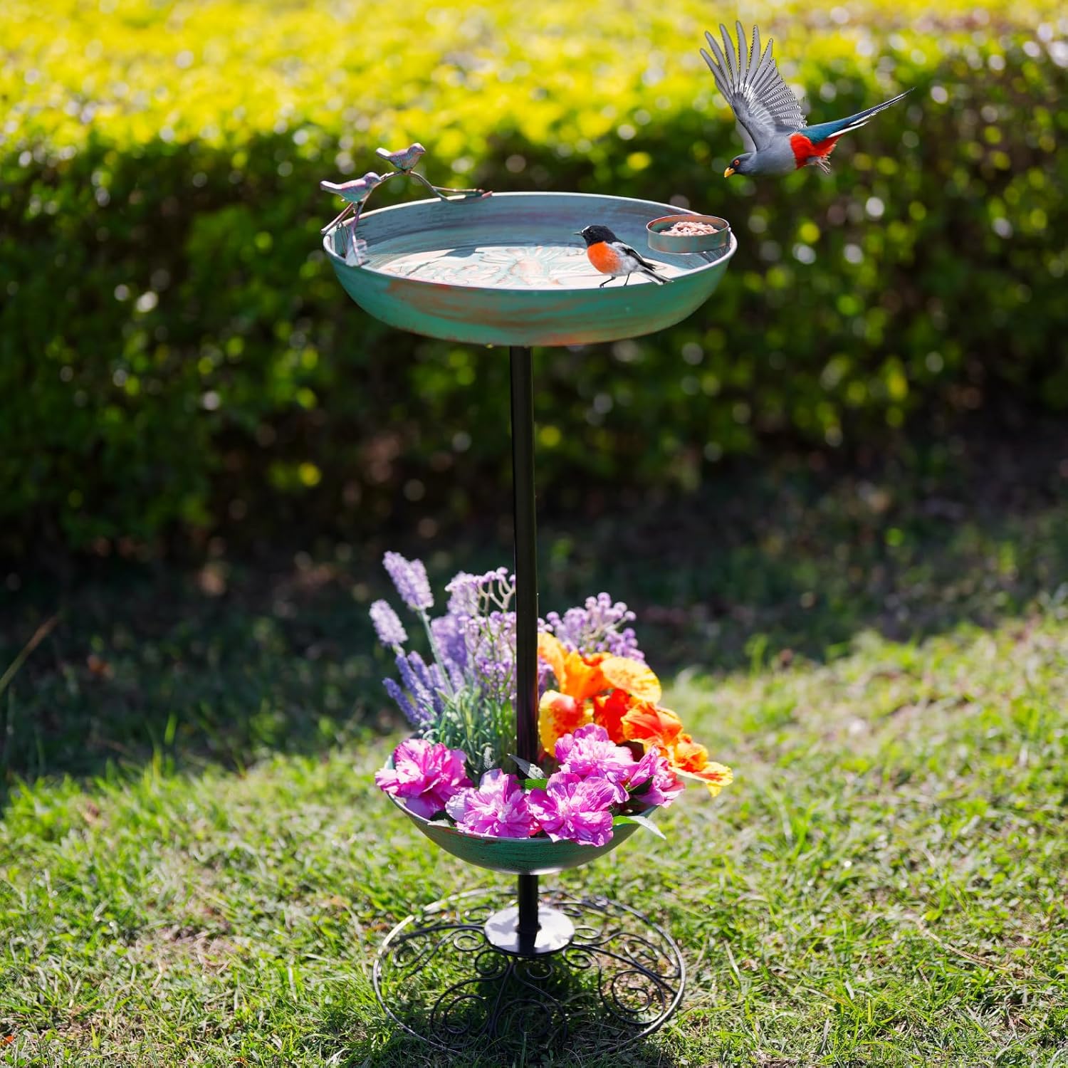 Metal Bird Baths for Outdoors, Pedestal Green Bird Bath with Flower Planter, BirdBaths for Outdoors Garden Yard Patio Decor