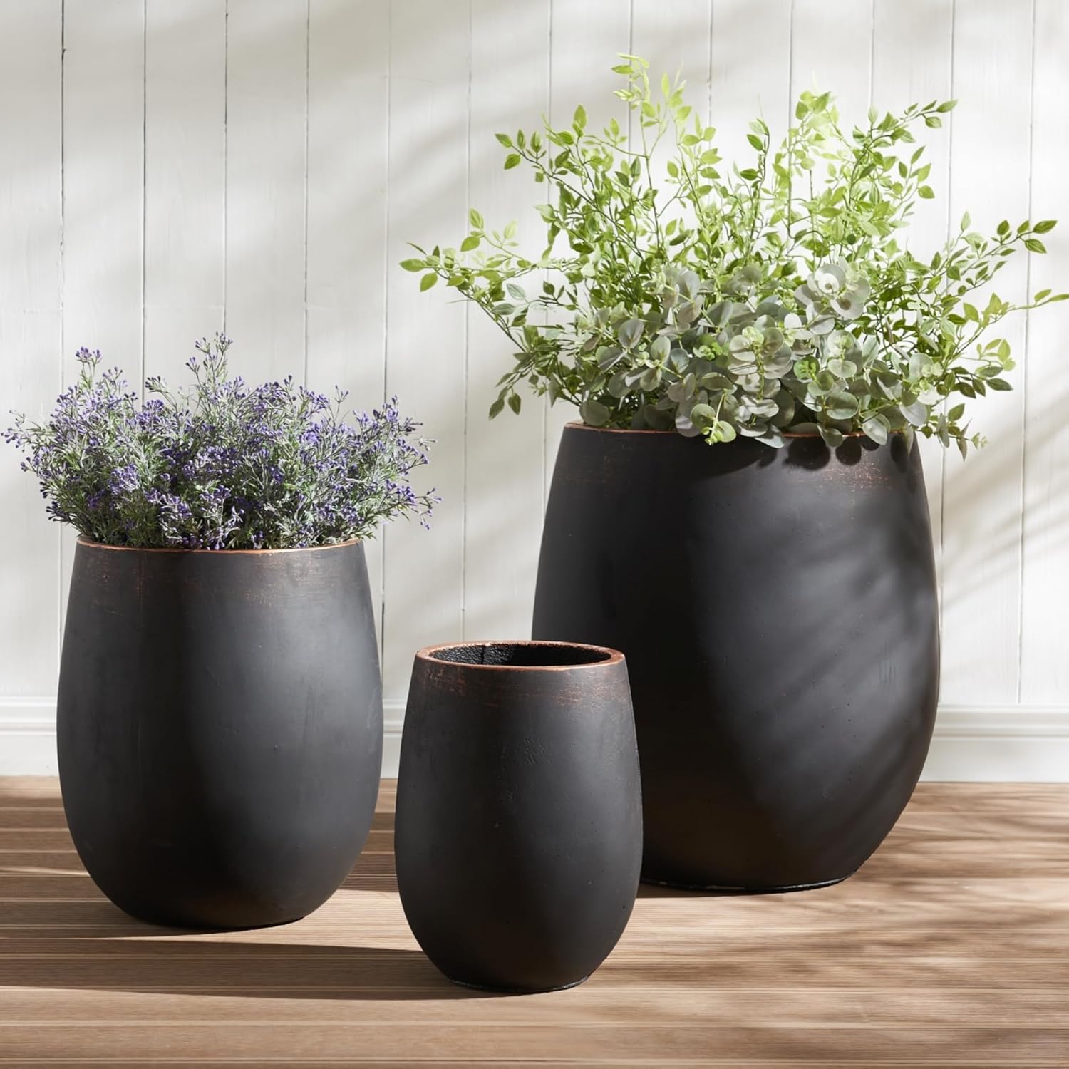 17.7"+13.3"+9.5" Dia Round Concrete Planter Set of 3, Large Outdoor Planter, Black with Gold Rim, Flower Pots with Drainage Holes