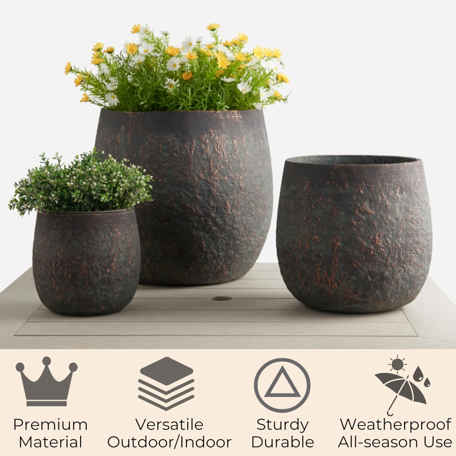 Large Outdoor Planter, 17.7"+13"+9.1" Dia Round Weathered Concrete Planter Set of 3, Flower Pots with Drainage Holes and Sealing Plug for Garden