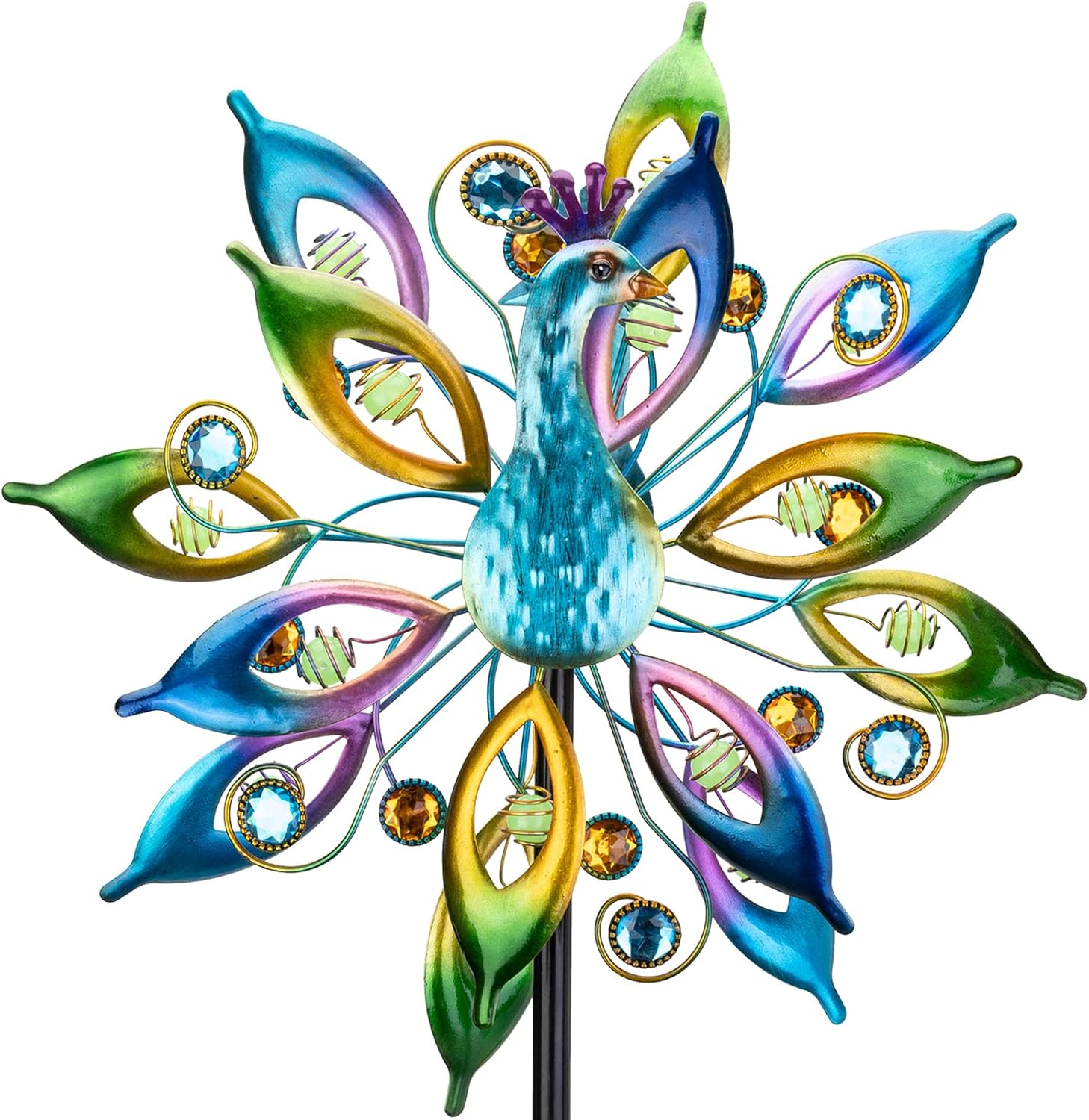 Outdoor Peacock Wind Spinners with Gem Decor, 13" D*65" H Double Sided Kinetic Wind Sculptures & Spinners, Metal Wind Spinners for Yard and Garden