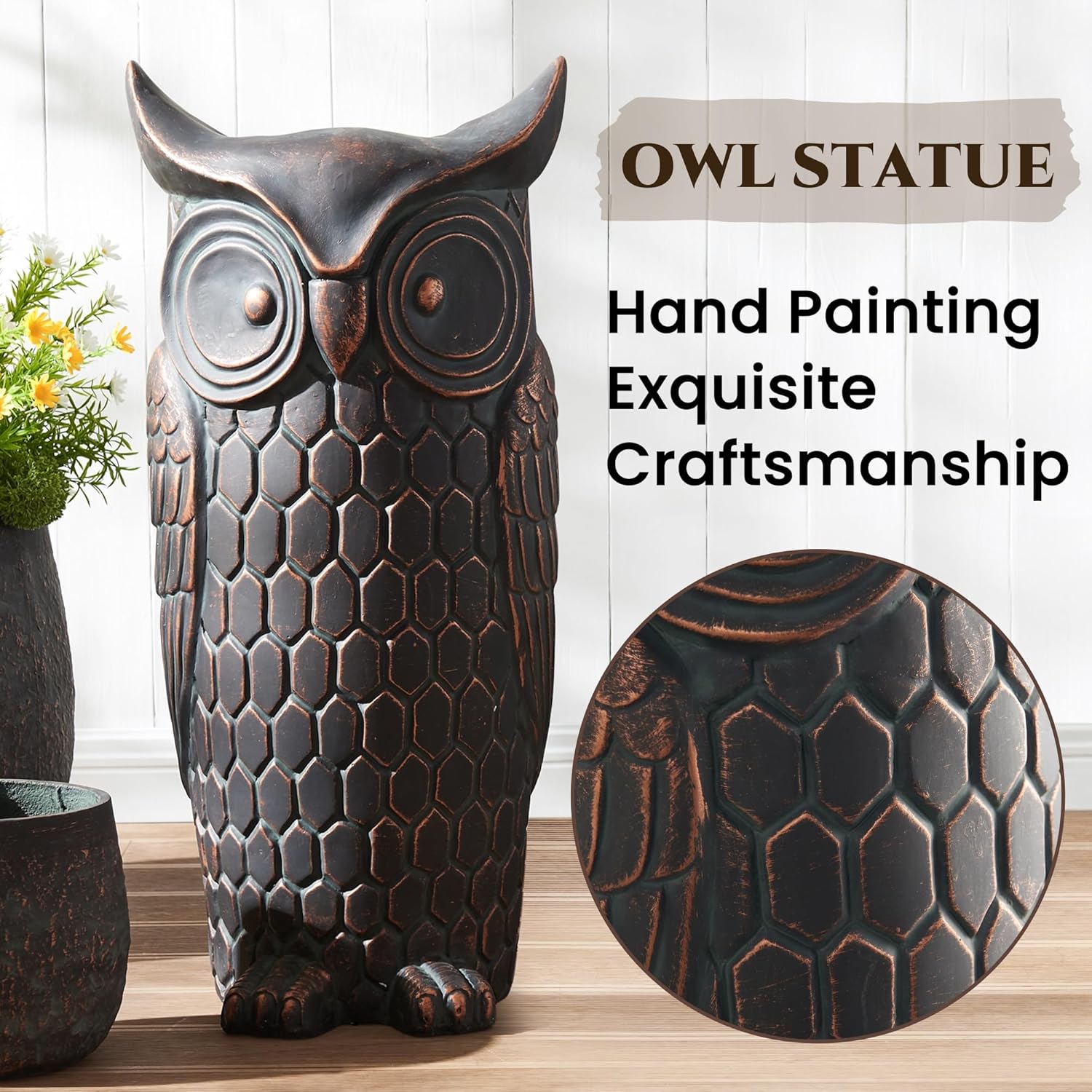 Large Outdoor and Indoor Statue, 40"-32" inches Garden Sculptures & Statues, Faux Stone Owl Sculpture Set of 2, Garden Decoration