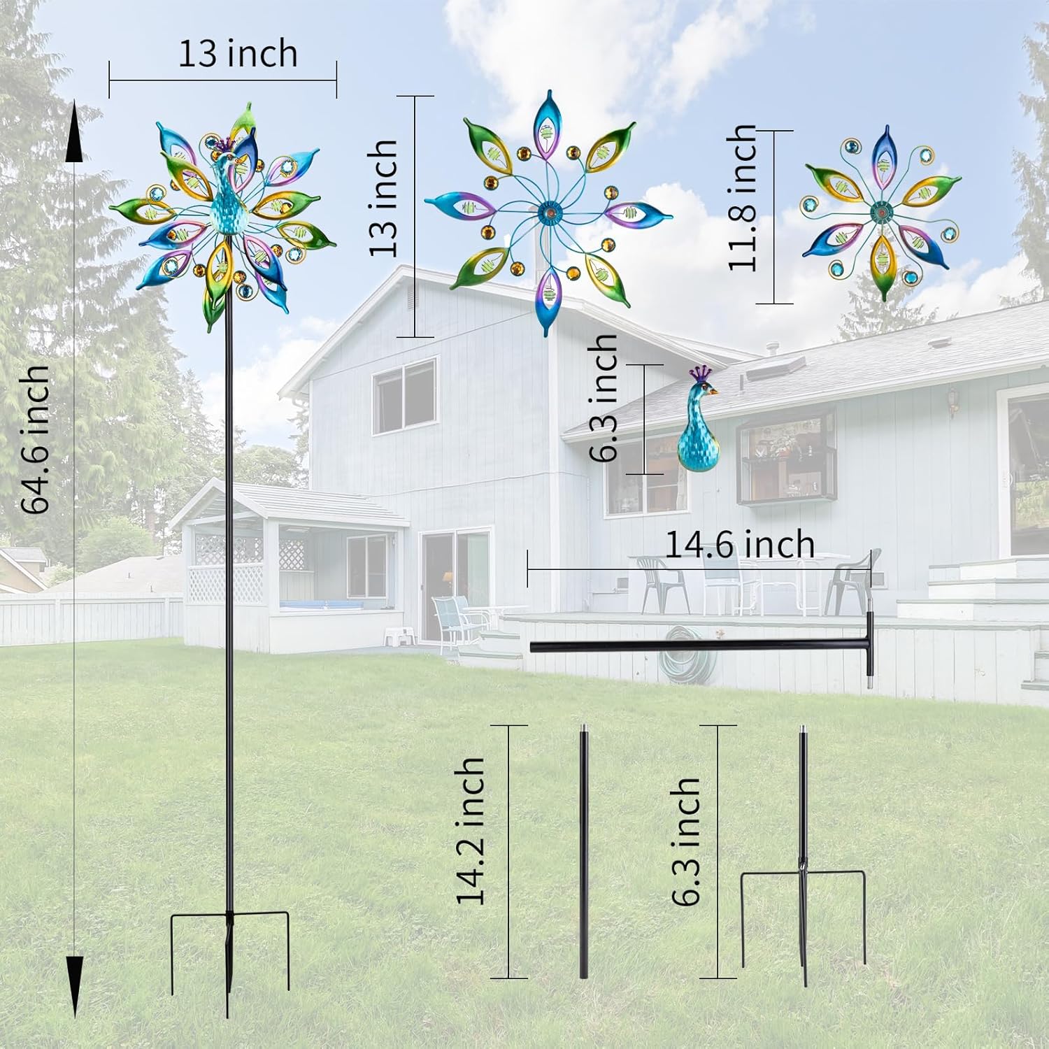 Outdoor Peacock Wind Spinners with Gem Decor, 13" D*65" H Double Sided Kinetic Wind Sculptures & Spinners, Metal Wind Spinners for Yard and Garden
