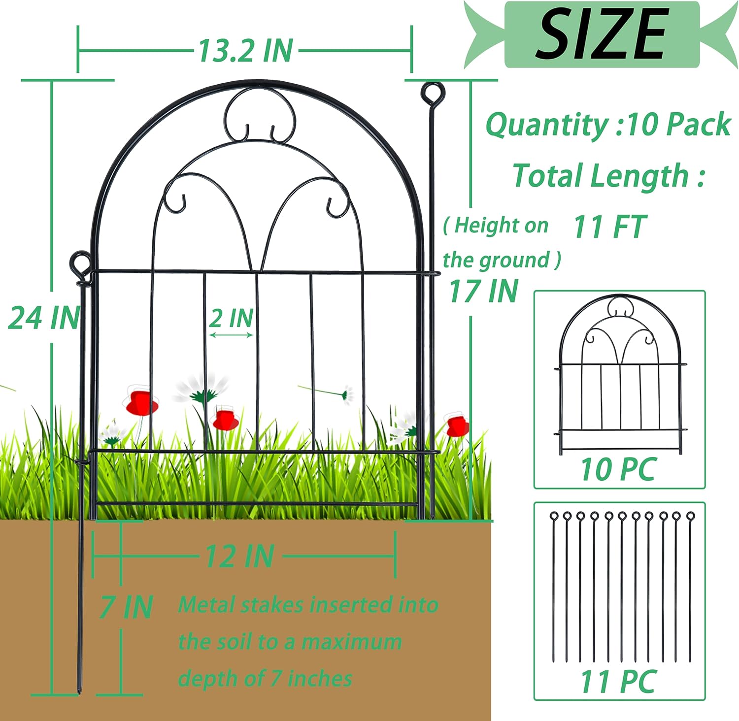 Decorative Garden Fence Border 10 Panels, 21in x 11ft Rustproof Metal No Dig Fence Animal Barrier for Dog, Arched Flower Bed Edging Section Panel Fencing