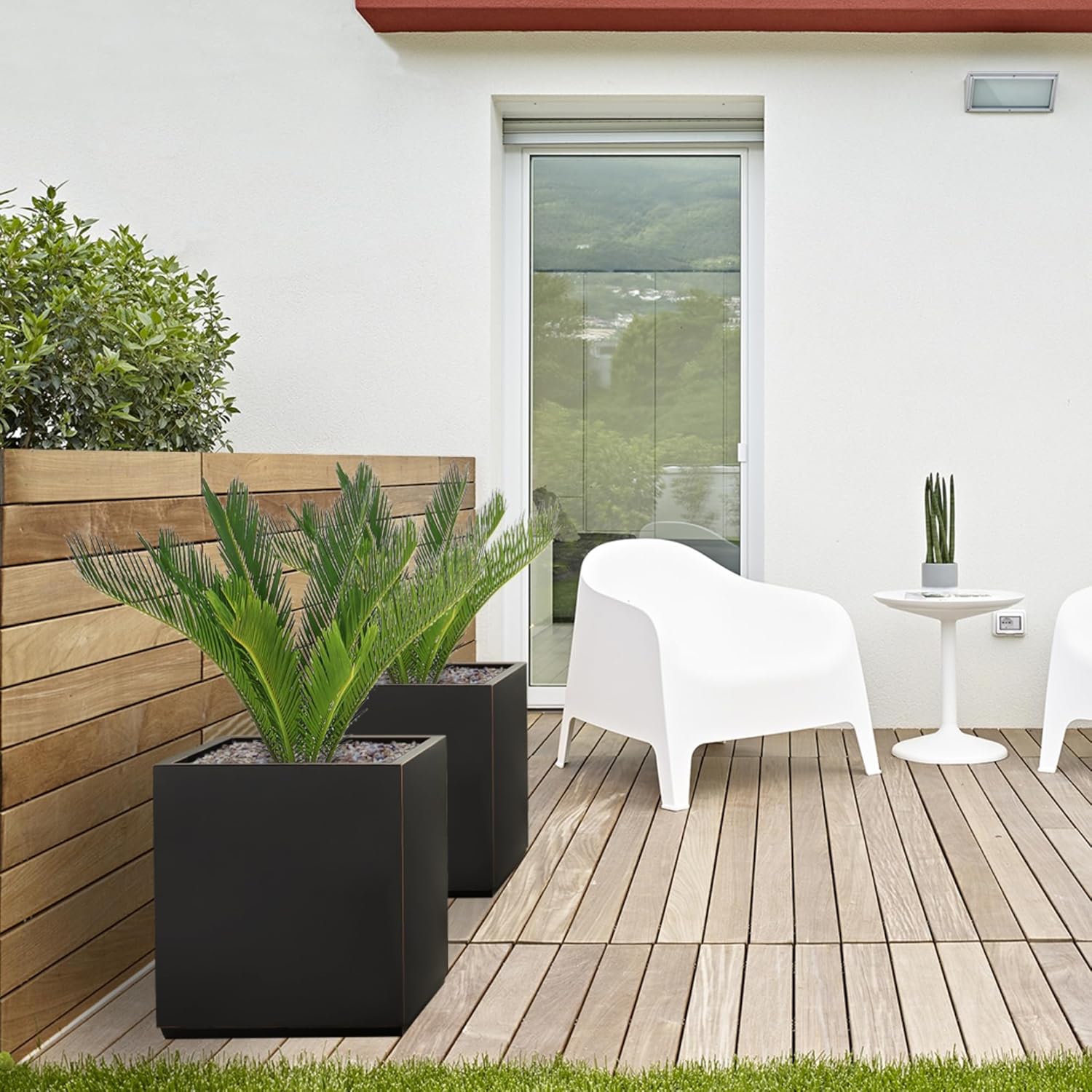 Metallic Heavy Cube Planter Box, No Assemble, Seamless Large Square Planter for Trees, Plants and Flowers 21”Lx21”Wx24”H 35Pounds Black with Hand Brushed Gold Rim