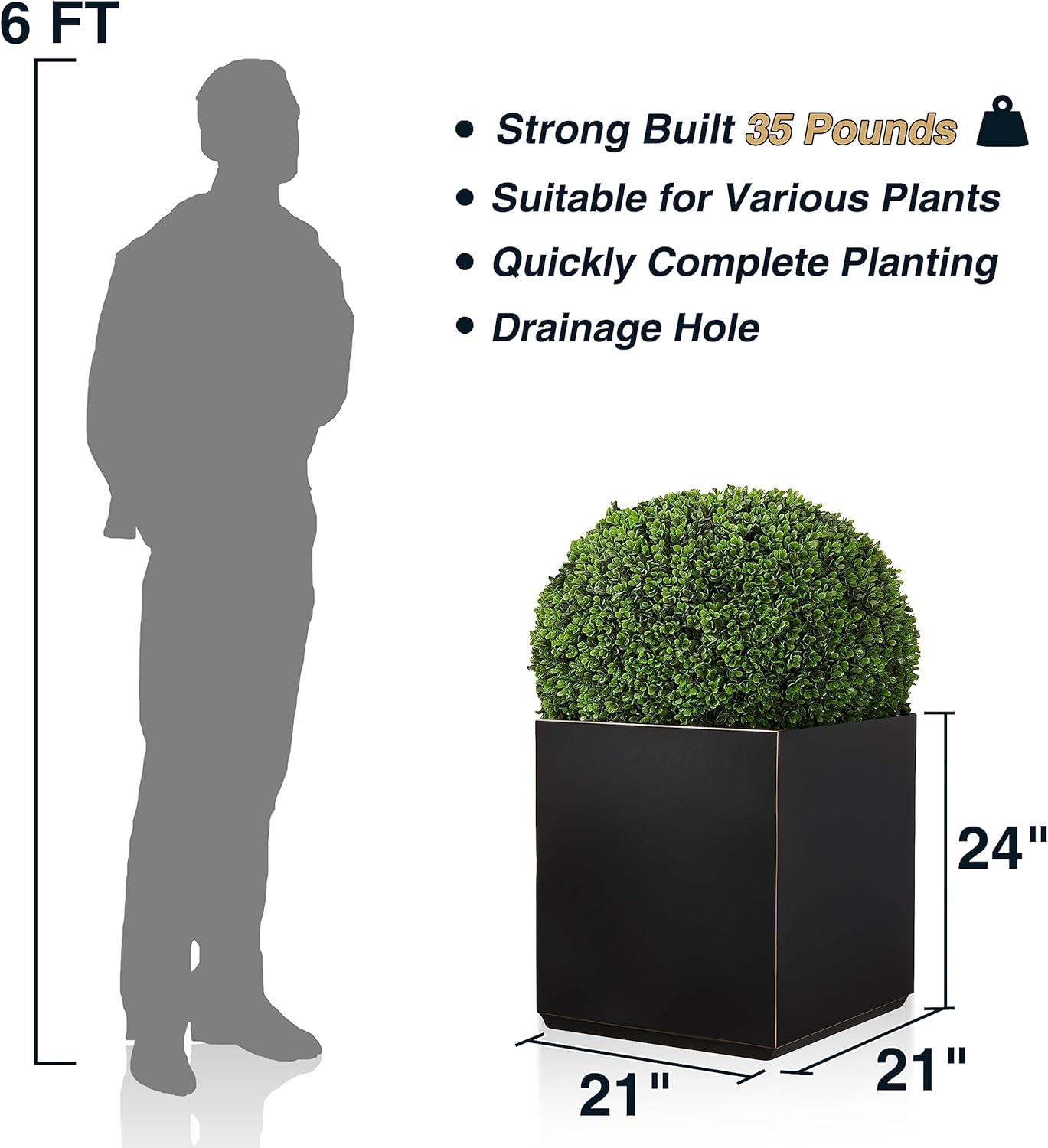 Metallic Heavy Cube Planter Box, No Assemble, Seamless Large Square Planter for Trees, Plants and Flowers 21”Lx21”Wx24”H 35Pounds Black with Hand Brushed Gold Rim