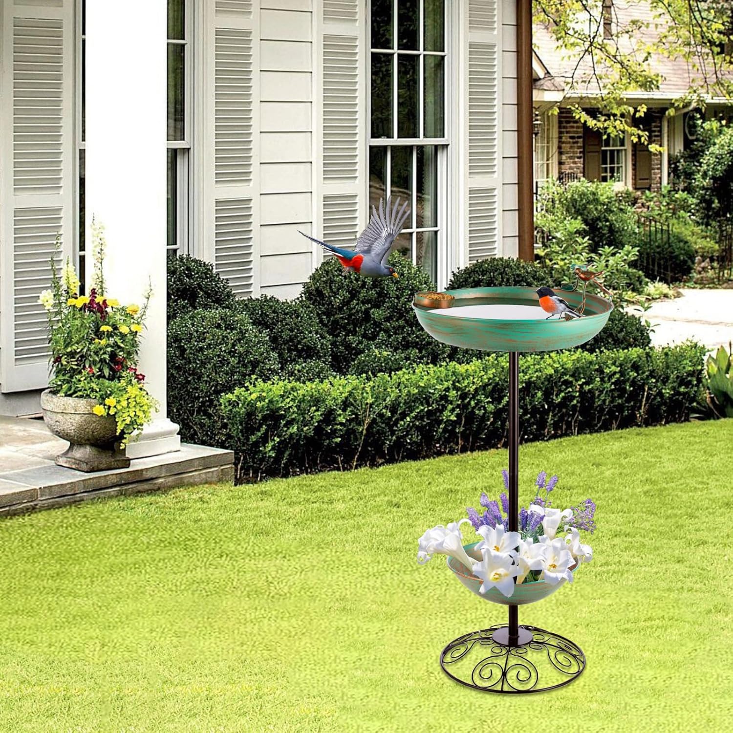 Metal Bird Baths for Outdoors, Pedestal Green Bird Bath with Flower Planter, BirdBaths for Outdoors Garden Yard Patio Decor