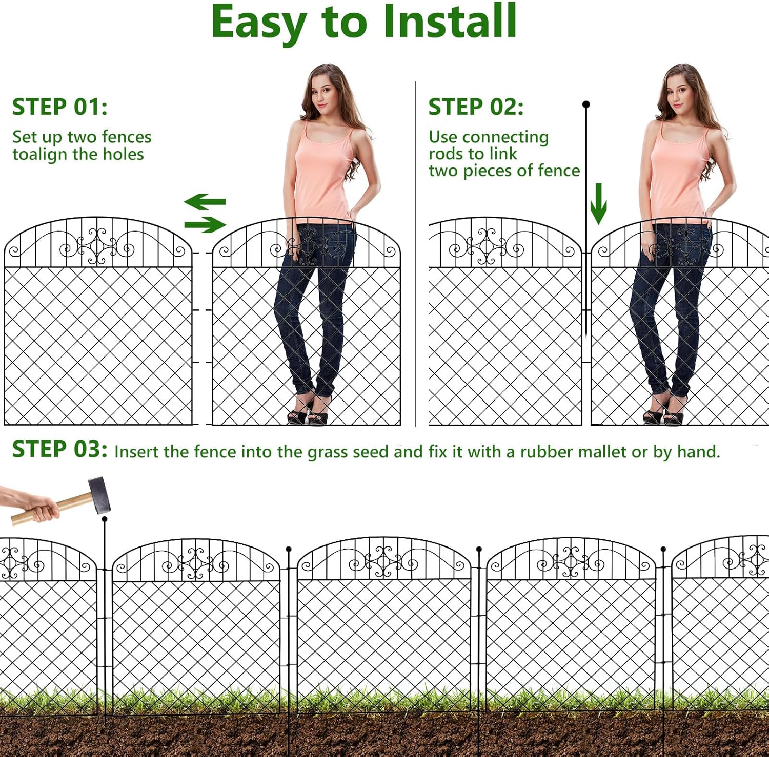 10 Panels No Dig Decorative Garden Fence 32 in(H) x 23.6 ft(L), Rustproof Metal Fence Borders for Dogs Outside, Dog Fence Outdoor for Yard