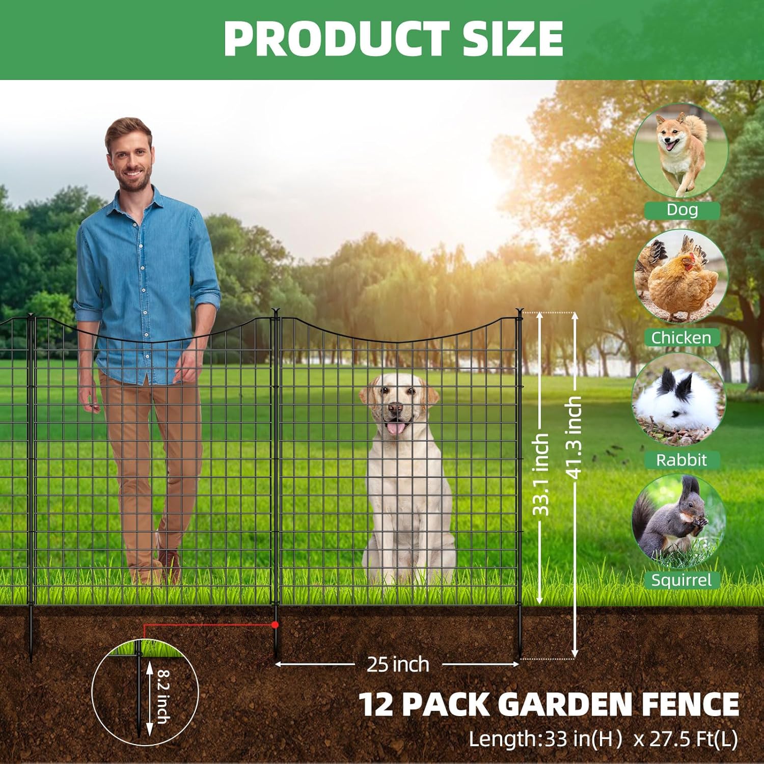 12 Panels 33 in(H) X 26ft(L) Dog Fence Outdoor for Yard, Garden Fence Animal Barrier, Decorative Metal Wire Fence Panel
