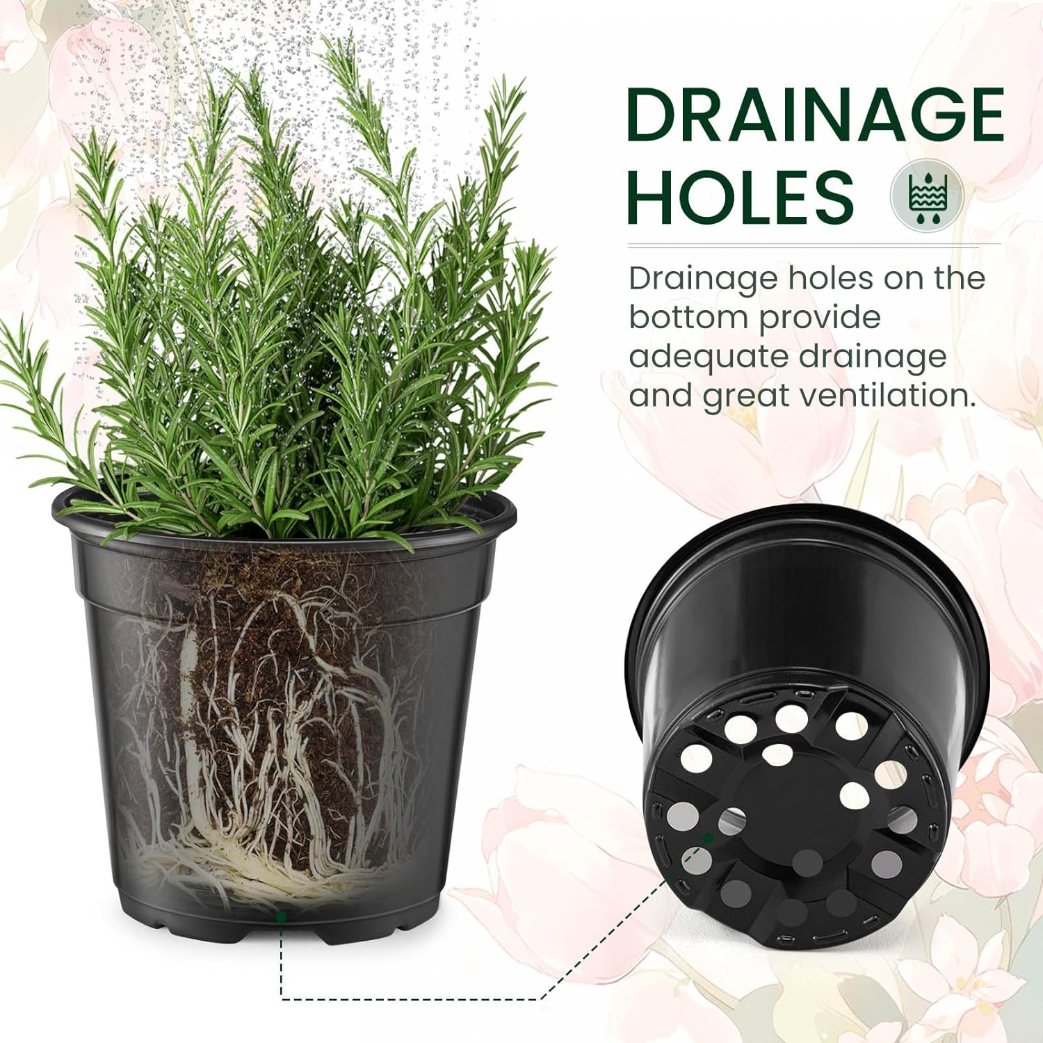 Nursery Pots with Drainage Holes Pack of 48 Pots 3.5/4.5/5.5/6.5 Inch and Plant Label Flexible Seedling Pots Seed Starting Planter for Indoor Outdoor Flowers, Succulents, Cactus