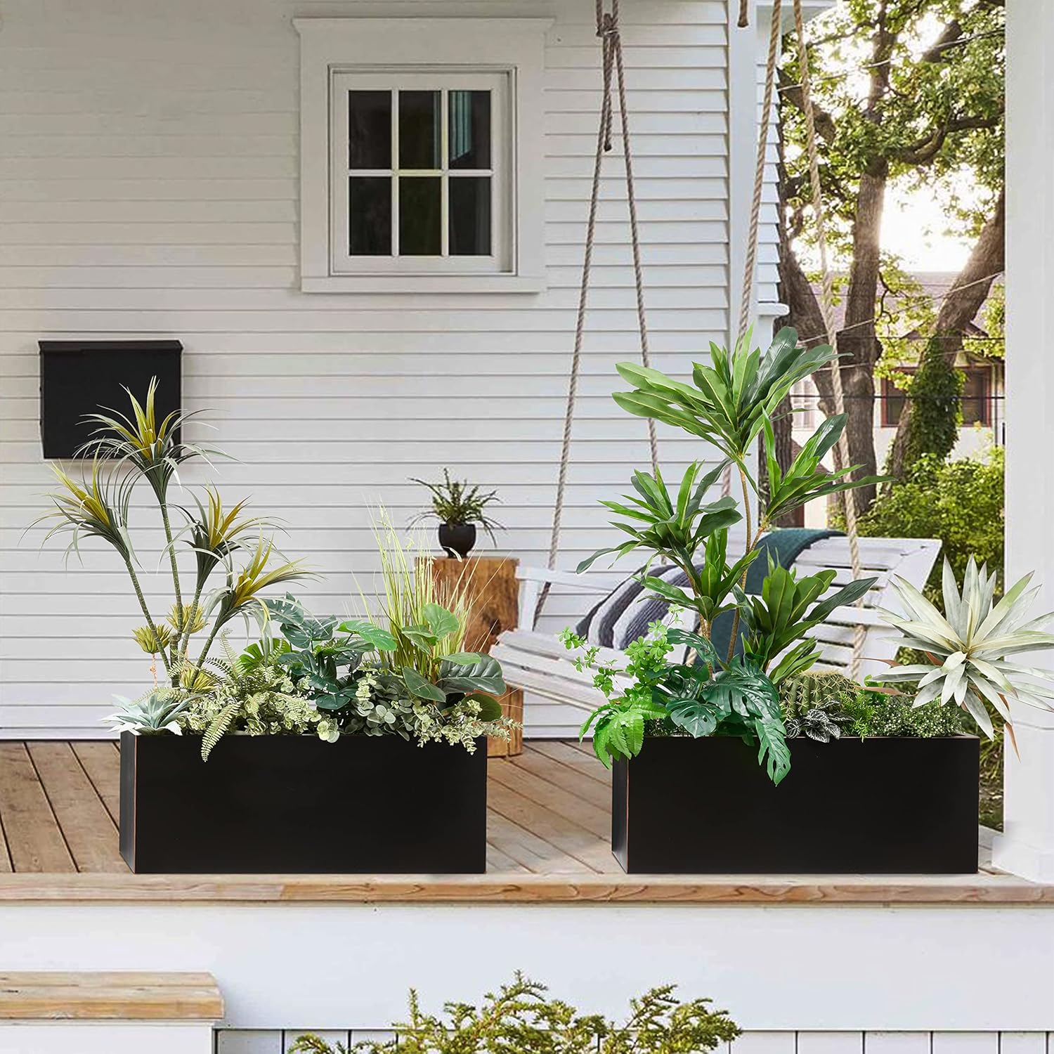 Metallic Heavy Long and Large Outdoor/Indoor Planter, Rectangular Trough Planter Box, 38”Lx15”Wx15”H, 40Pounds, Black with Hand Brushed Gold Edge, No Assemble and Seamless