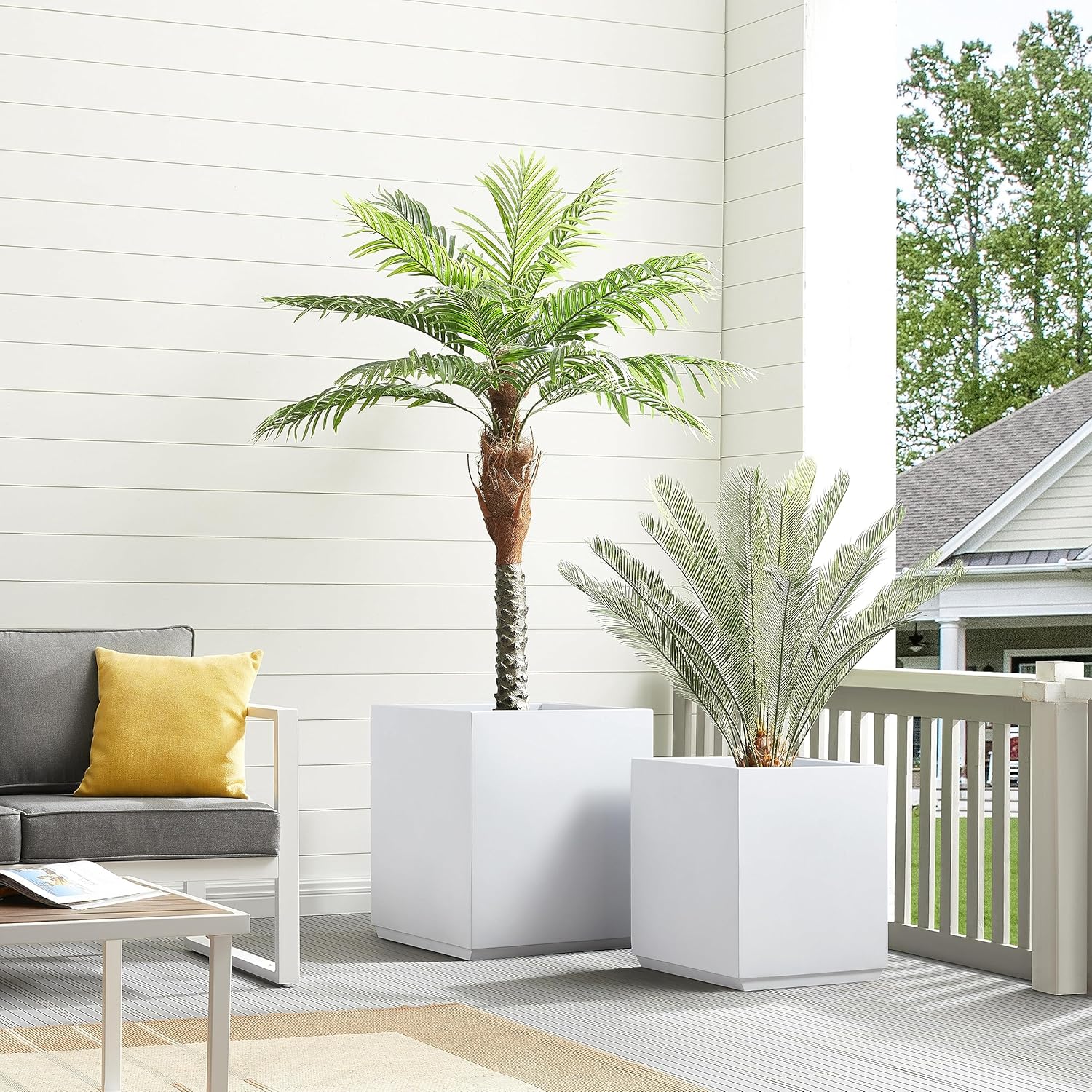 Metallic Heavy Cube Planter Box, No Assembly Required, Seamless Large Outdoor Planter, Square Planter for Trees, Tall Plants and Flowers 17”Lx17”Wx20”H 24lbs White