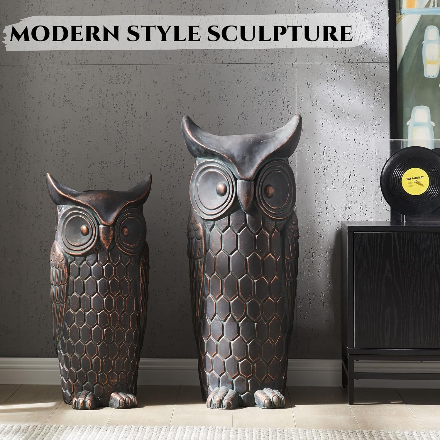 Large Outdoor and Indoor Statue, 40"-32" inches Garden Sculptures & Statues, Faux Stone Owl Sculpture Set of 2, Garden Decoration