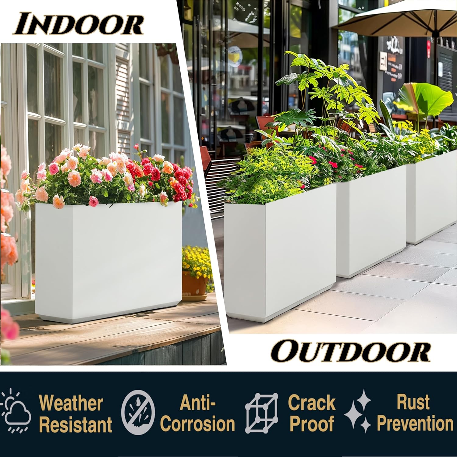 Metallic Heavy Outdoor Planter Box, Span Planter, Long and Tall Divider Planter, 30Lx10Wx24H