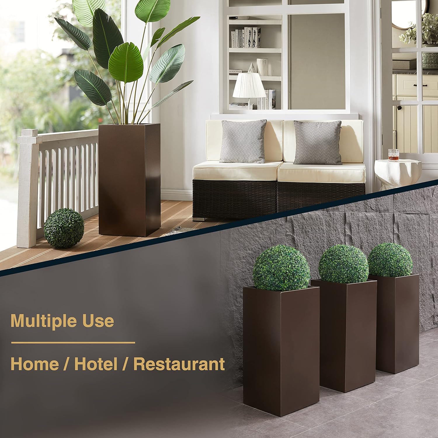 Metallic Heavy Tall Outdoor/Indoor Planter Box 14Lx14Wx30H Inches, Rectangular Tall Planter, Large Flowerpot, ‎35 Pounds, Espresso, No Assembly Required 1 Pack