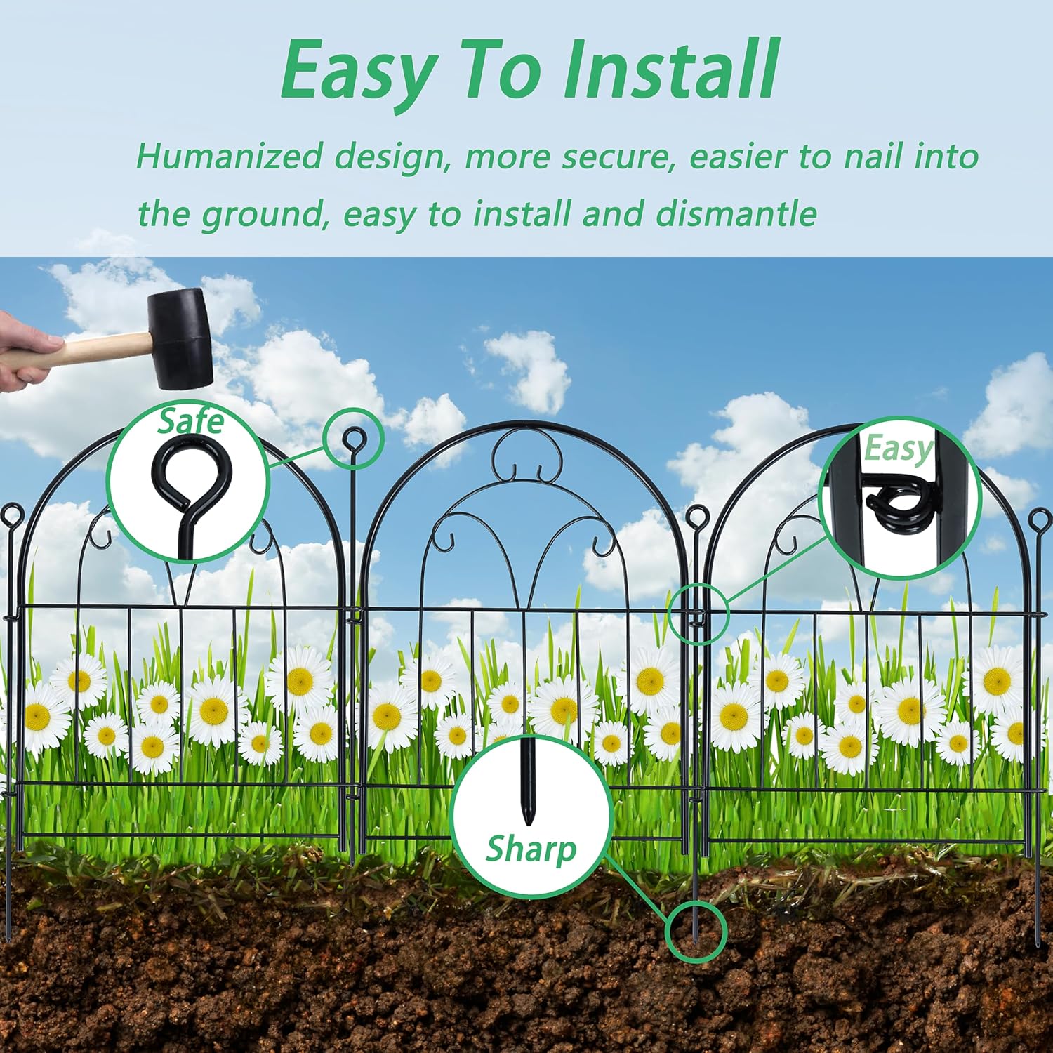 Decorative Garden Fence Border 10 Panels, 21in x 11ft Rustproof Metal No Dig Fence Animal Barrier for Dog, Arched Flower Bed Edging Section Panel Fencing