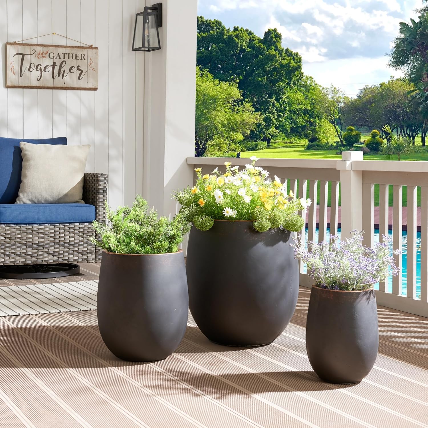 17.7"+13.3"+9.5" Dia Round Concrete Planter Set of 3, Large Outdoor Planter, Black with Gold Rim, Flower Pots with Drainage Holes