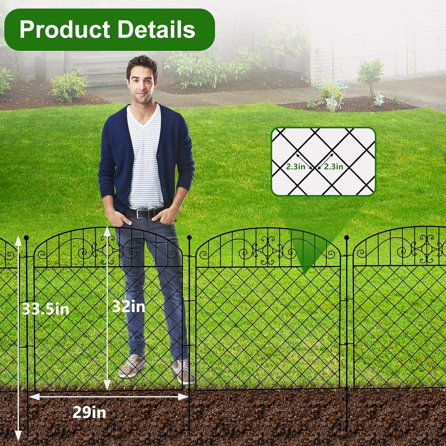 5 Panels No Dig Decorative Outdoor Garden Fence for Yard, 32 in (H) x 11.8 ft (L), Rustproof Heavy Duty Metal Fence Borders for Dogs Outside