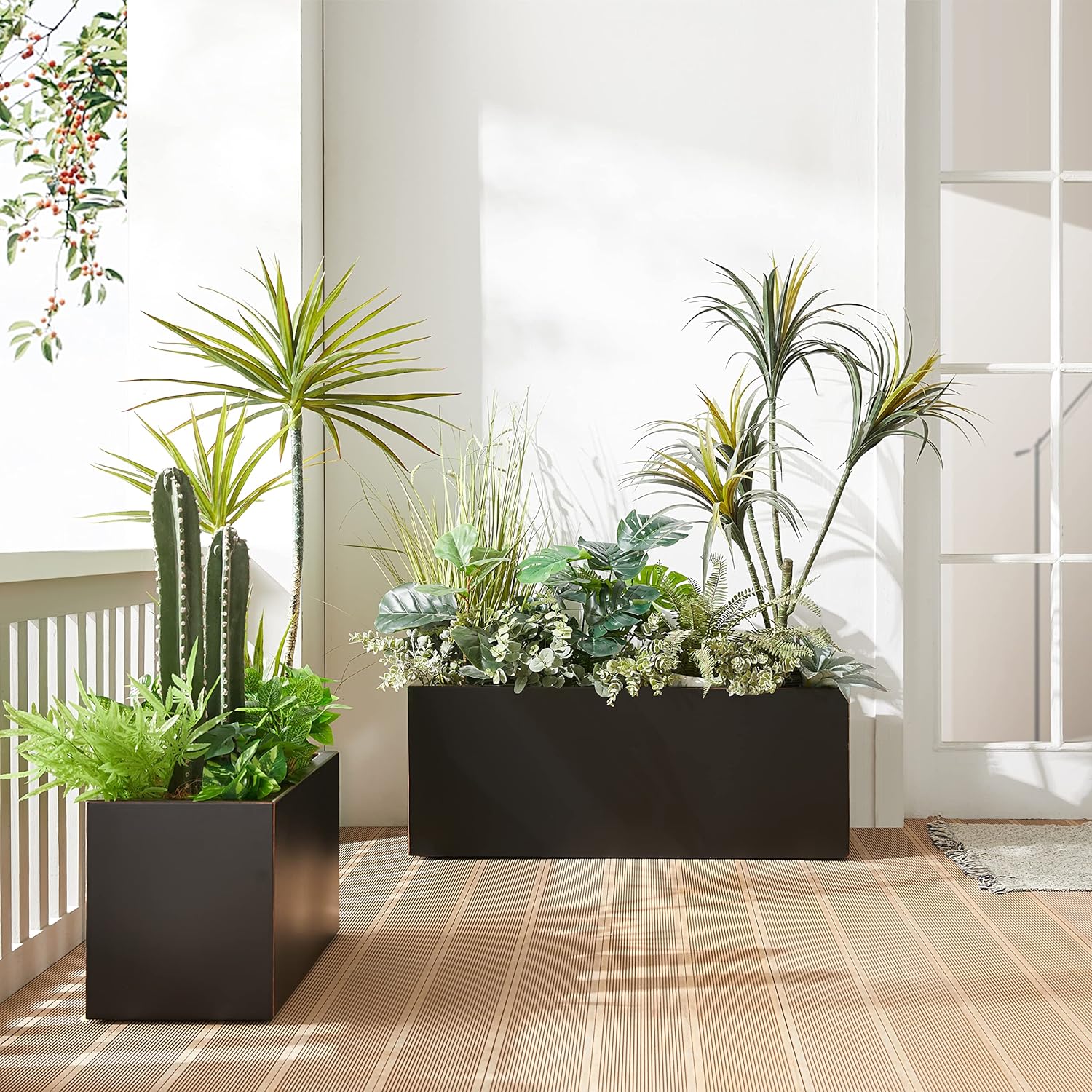 Metallic Heavy Long and Large Outdoor/Indoor Planter, Rectangular Trough Planter Box, 38”Lx15”Wx15”H, 40Pounds, Black with Hand Brushed Gold Edge, No Assemble and Seamless