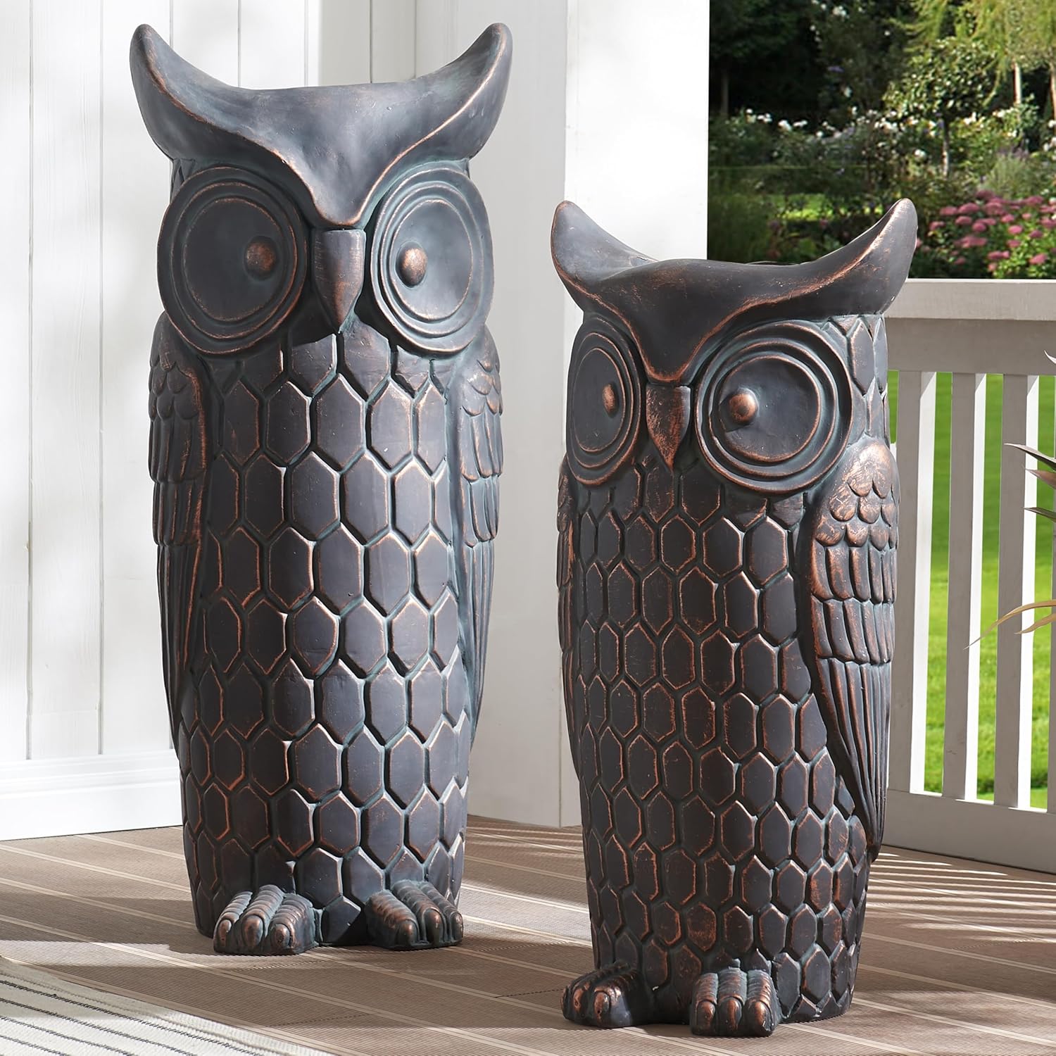 Large Outdoor and Indoor Statue, 40"-32" inches Garden Sculptures & Statues, Faux Stone Owl Sculpture Set of 2, Garden Decoration