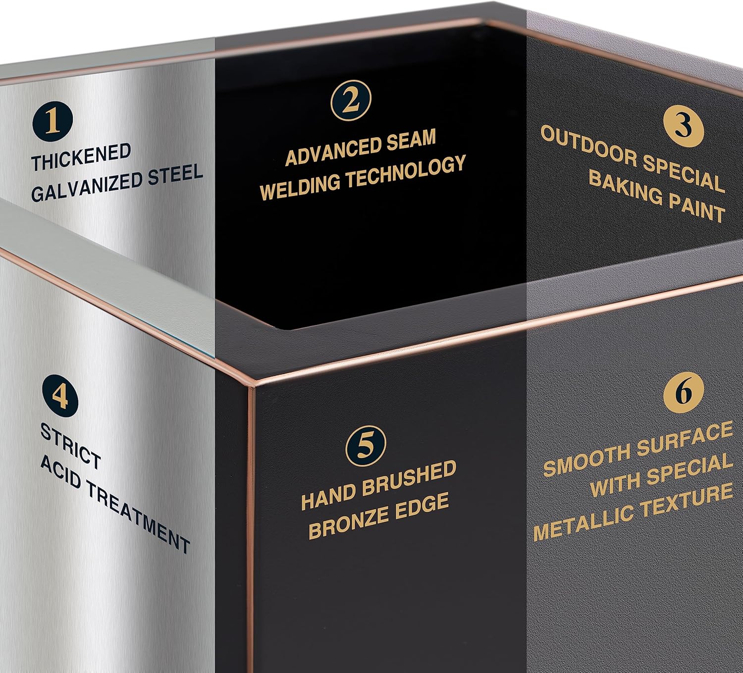 Metallic Heavy Cube Planter Box, No Assemble, Seamless Large Square Planter for Trees, Plants and Flowers 21”Lx21”Wx24”H 35Pounds Black with Hand Brushed Gold Rim