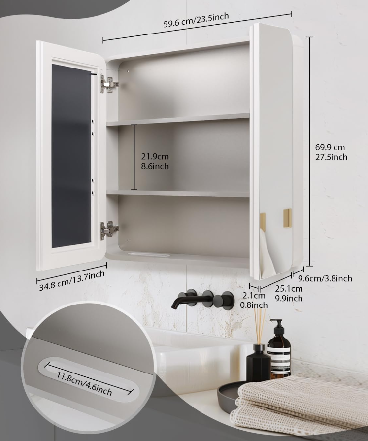 23.5" x 27.5" Medicine Cabinets for Bathroom with Mirror Surface Wall-Mounted Stainless Steel Framed Beveled Mirror, Double Door Metal Bathroom Vanity Mirror