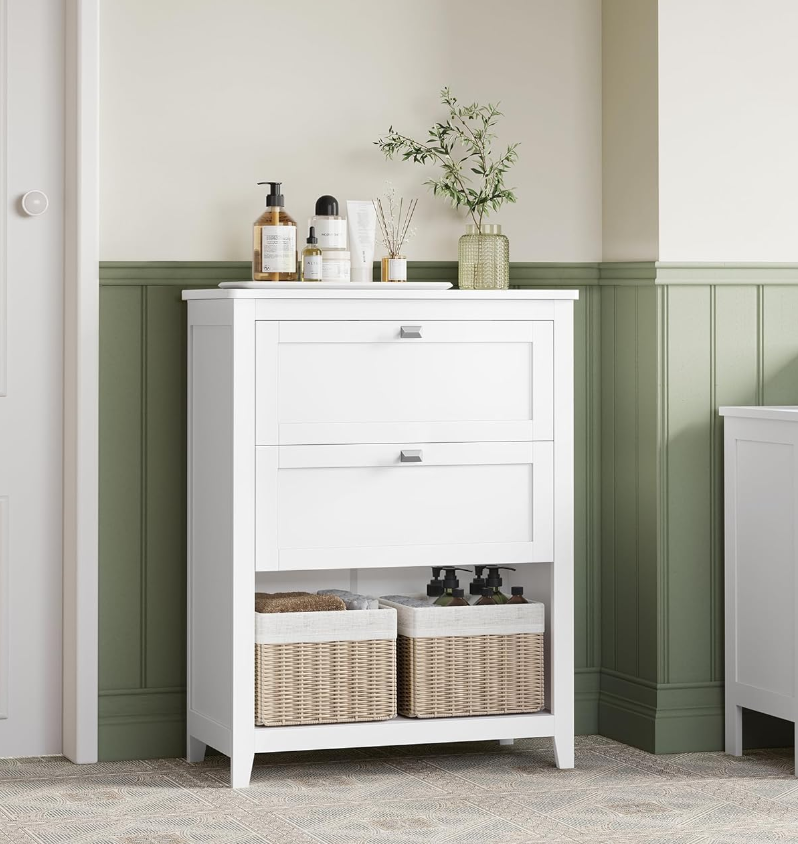 Bathroom Cabinet, Storage Cabinet and Bathroom Organizers, 2 Drawers with 1 Set of Adjustable Divider, 2 Baskets, Sideboard, 11.8 x 23.6 x 31.5 Inches, Cloud White