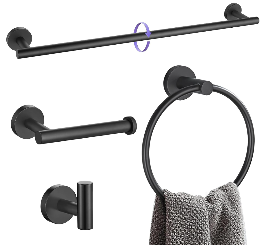Bathroom Hardware Set 4 Pieces,Towel Bar Set Black Stainless Steel Wall Mounted Bathroom Hardware Accessories Set Towel Holder Set