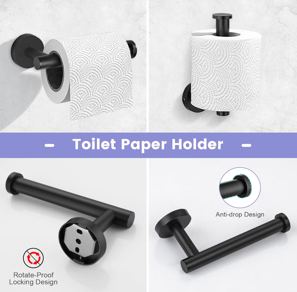 Bathroom Hardware Set 4 Pieces,Towel Bar Set Black Stainless Steel Wall Mounted Bathroom Hardware Accessories Set Towel Holder Set