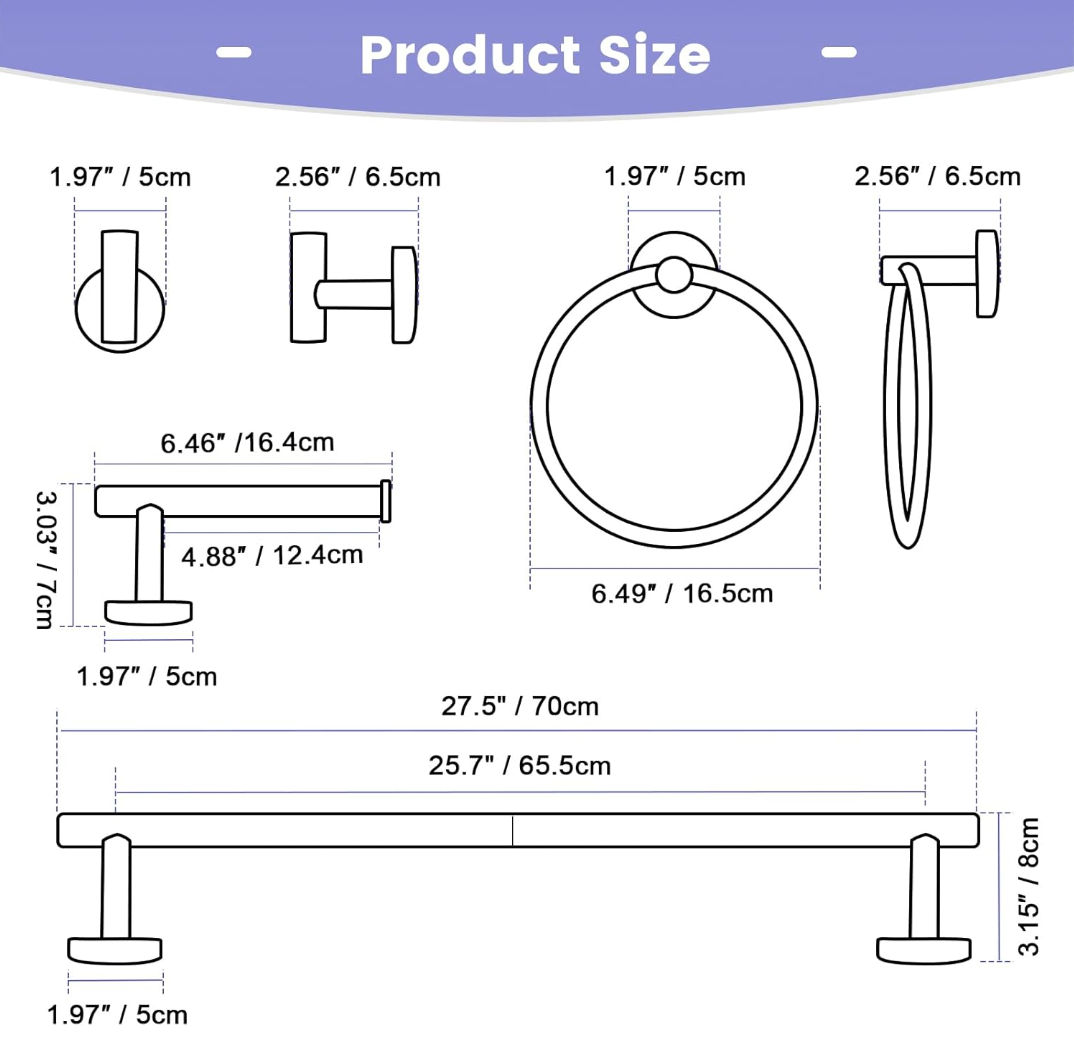 Bathroom Hardware Set 4 Pieces,Towel Bar Set Black Stainless Steel Wall Mounted Bathroom Hardware Accessories Set Towel Holder Set