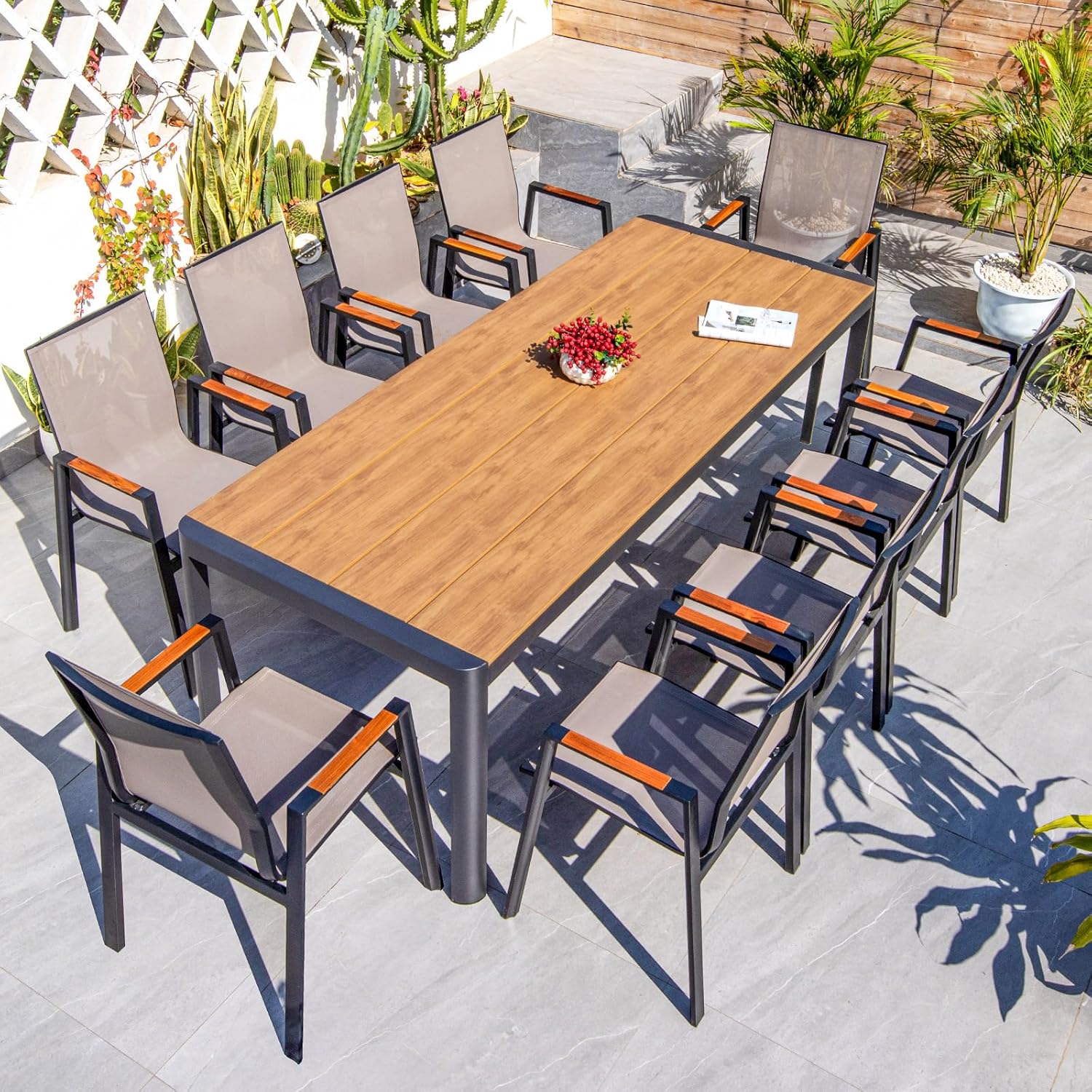 Outdoor Dining Set Square Patio Dining Table and Stackable Textilene Patio Chairs Aluminum Frame Patio Dining Set