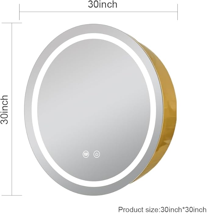 30 inch Round Medicine Cabinet with Lights,Led Medicine Cabinet with Defogger,Illuminated Mirror Cabinet for Bathroom,Dimmable,Defogger,3 Color Temperature 3000k-6500k Gold
