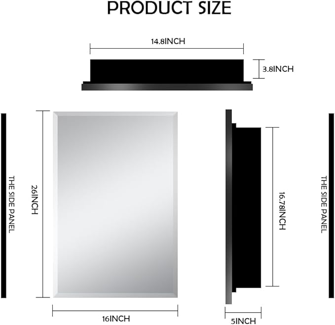 16×26inch Medicine Cabinet,Mirror Cabinet with Beveled Mirror,Solf Close Hinge,Frameless,Detachable Side Plate for Recess Mount or Surface Mount,Black