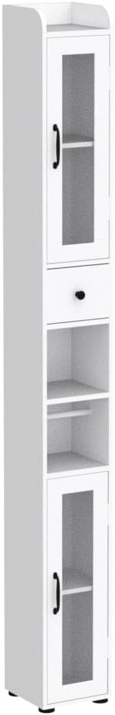 Bathroom Storage Cabinet with 2 Frosted Glass Doors, Tall Narrow Cabinet with Doors and Shelves Adjustable, Slim Cabinet for Small Spaces