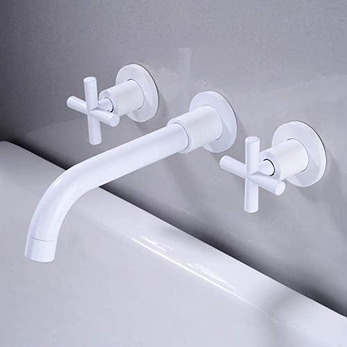 White Bathroom Faucet Wall Mounted Two Handle Wall Mount Bathroom Sink Faucet Lavatory Basin Mixing Faucets with Rough in Valve Included 360 Degree Swivel Spout