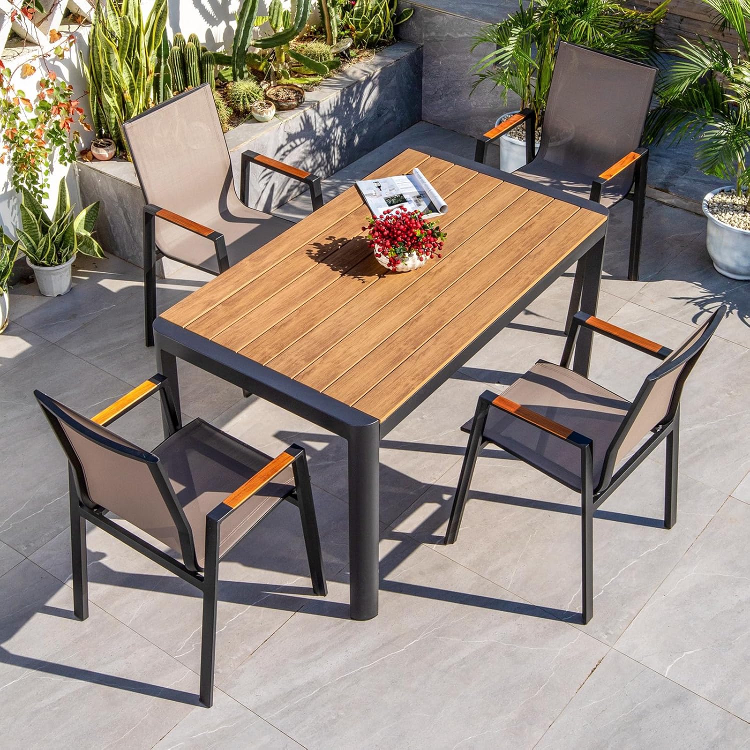 Outdoor Dining Set Square Patio Dining Table and Stackable Textilene Patio Chairs Aluminum Frame Patio Dining Set