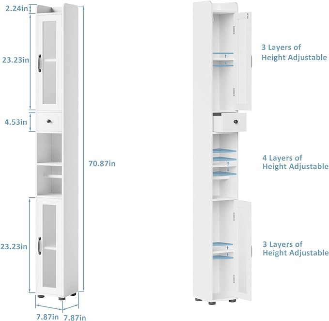 Bathroom Storage Cabinet with 2 Frosted Glass Doors, Tall Narrow Cabinet with Doors and Shelves Adjustable, Slim Cabinet for Small Spaces