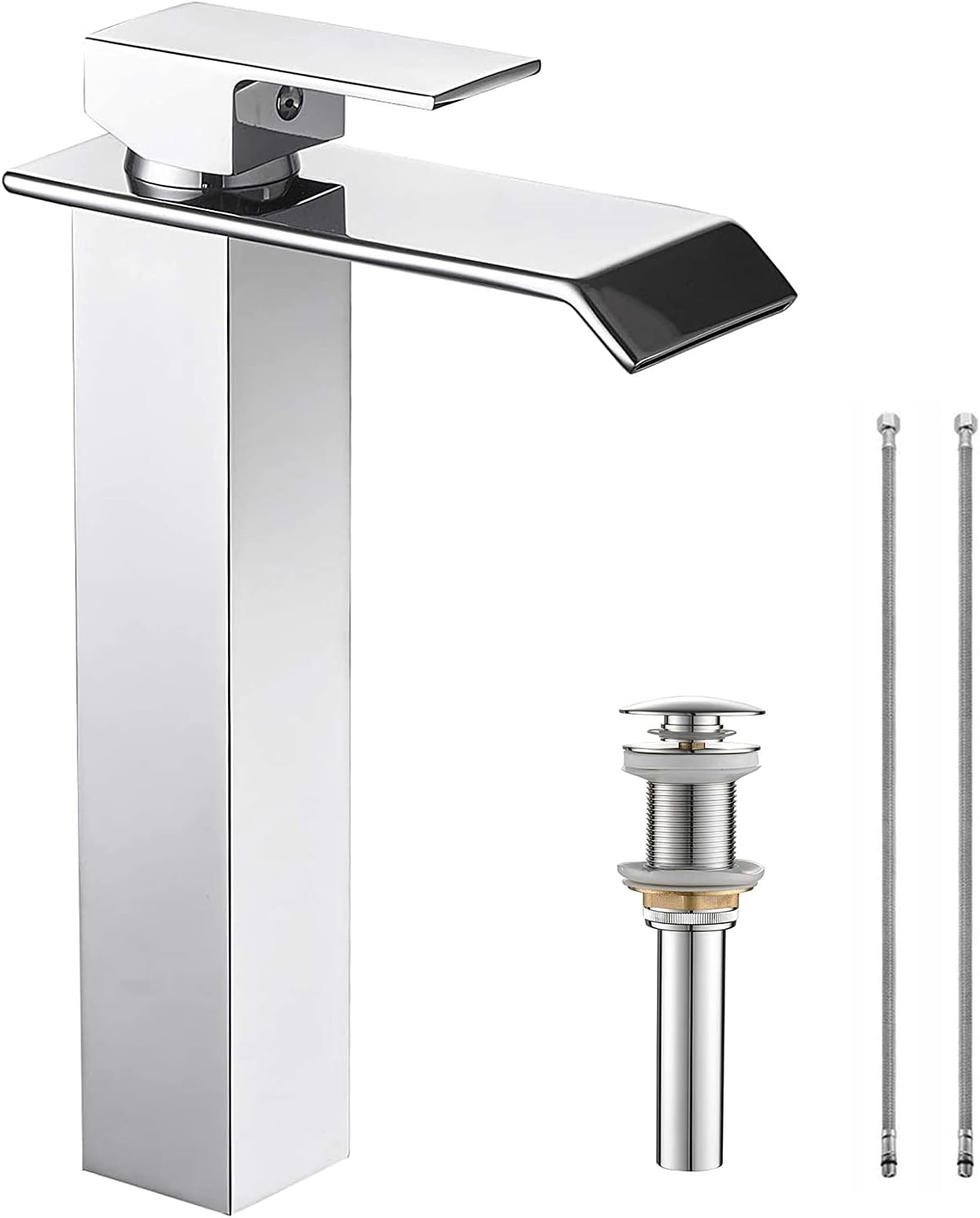 Chrome Bathroom Vessel Faucet Waterfall One Hole Bowl of Sink Faucet Tall Single Handle Bathroom Faucets with Drain Assembly Modern Vanity Lavatory Deck Mount Supply Lines Hose