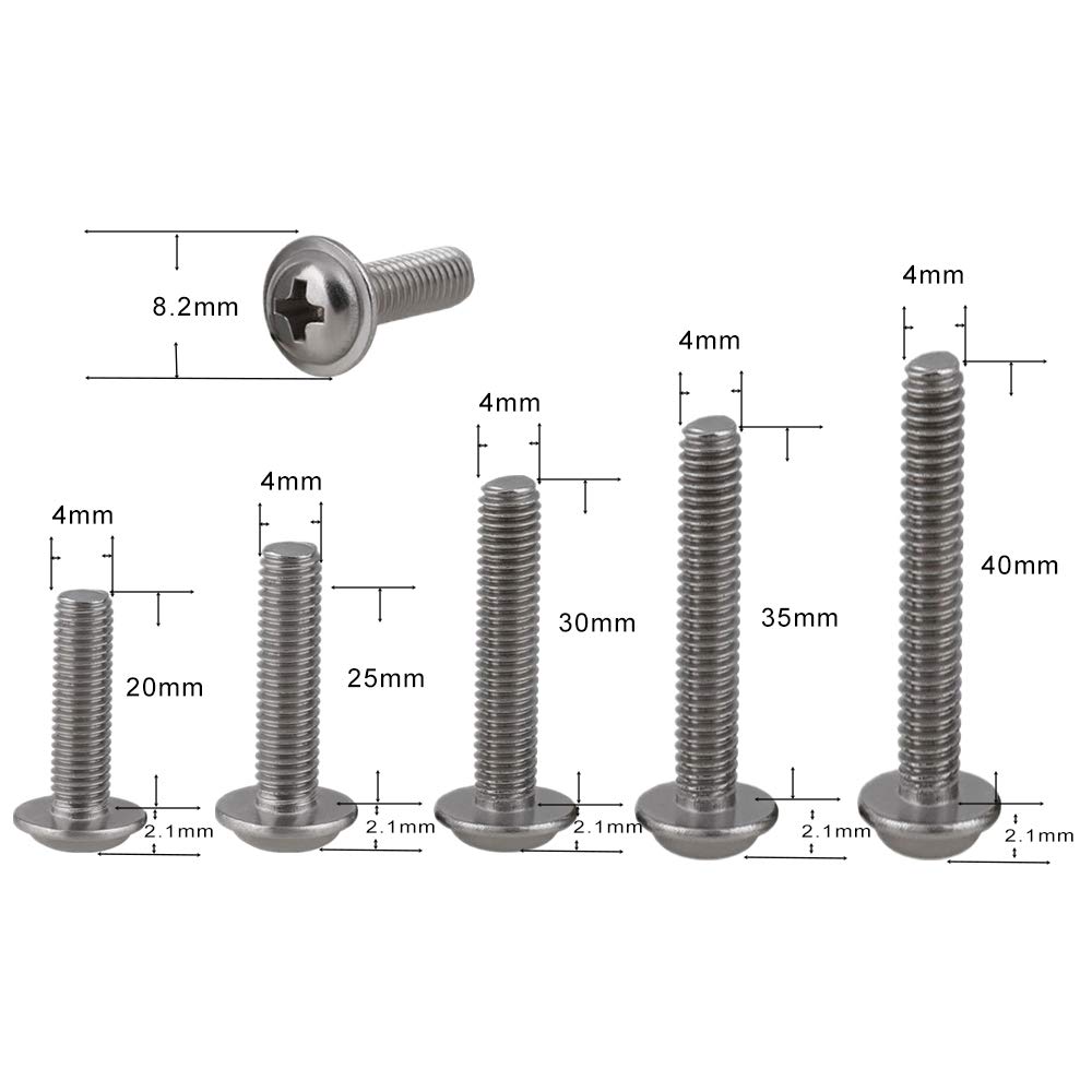 100pcs 304 Stainless Steel Machine Screws for Cabinet Drawer Knob Pull Handles Silver Screws Set Furniture Hardware(M4x20mm,25mm,30mm,35mm,40mm)