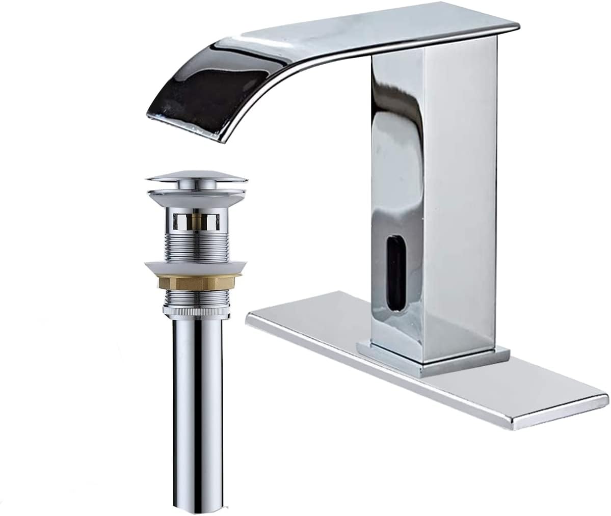 Automatic Touchless Bathroom Faucet Sensor Waterfall Chrome Bathroom Sink Faucet with Pop up Drain Stopper Overflow Electronic Motion Activated Hands-Free Vanity Faucet AC/DC Powered